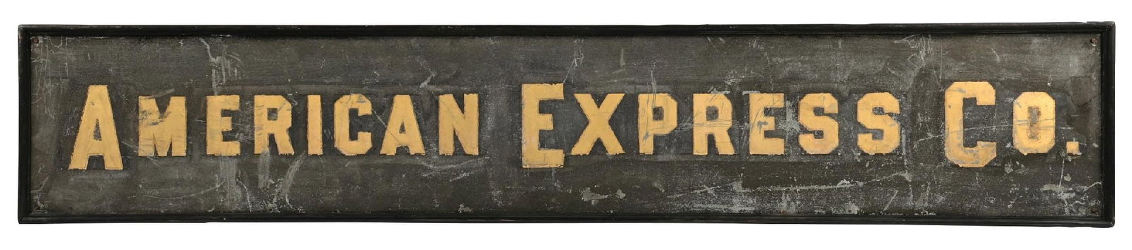 AMERICAN EXPRESS CO. SAND PAINTED TIN SIGN W/ WOOD FRAME.: SST. C. 1920s. CONDITION: Very good color throughout showing areas of surface scratching and light general wear. Nice detailing to the lettering. Sign shows original wood bracing with nicely done repa
