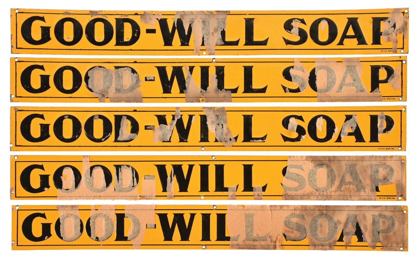 COLLECTION OF 5: GOOD WILL SOAP EMBOSSED TIN N.O.S. STRIP SIGNS (1 of 3)