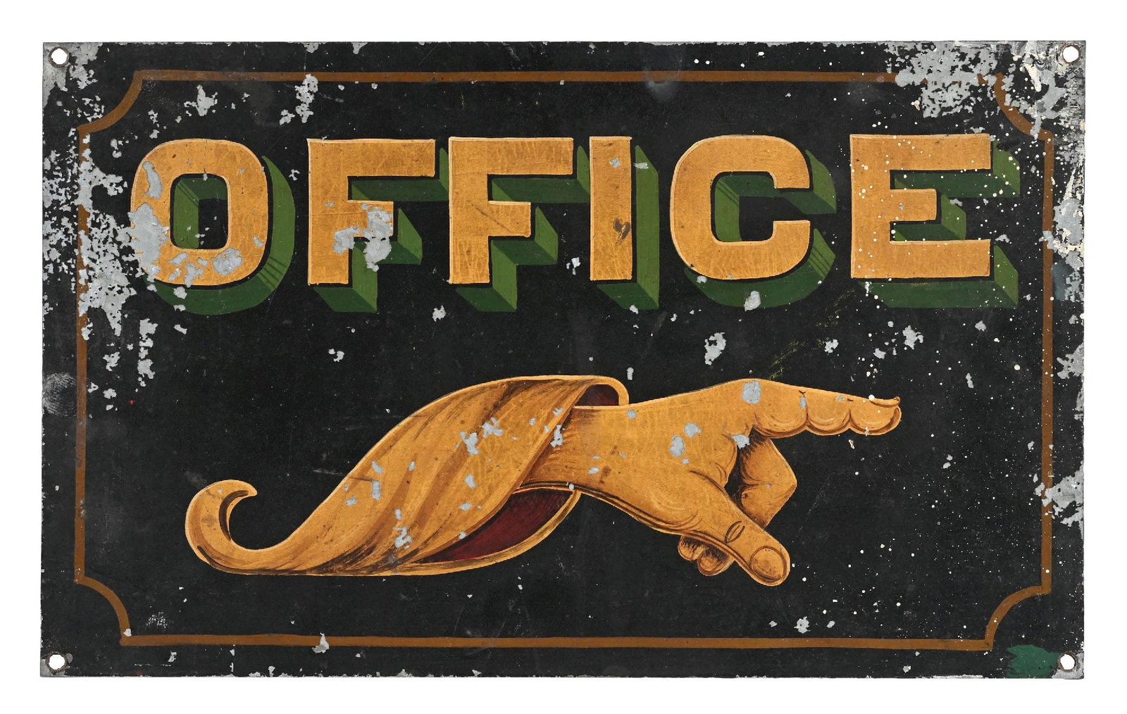 OFFICE HAND PAINTED TIN DIRECTIONAL SIGN W/ POINTING HAND GRAPHIC.: Single Sided Tin. C. 1920s. CONDITION: Excellent original condition showing hand painted lettering and graphic as well as outer trim border showing four colors. Areas of paint wear in the outer fields