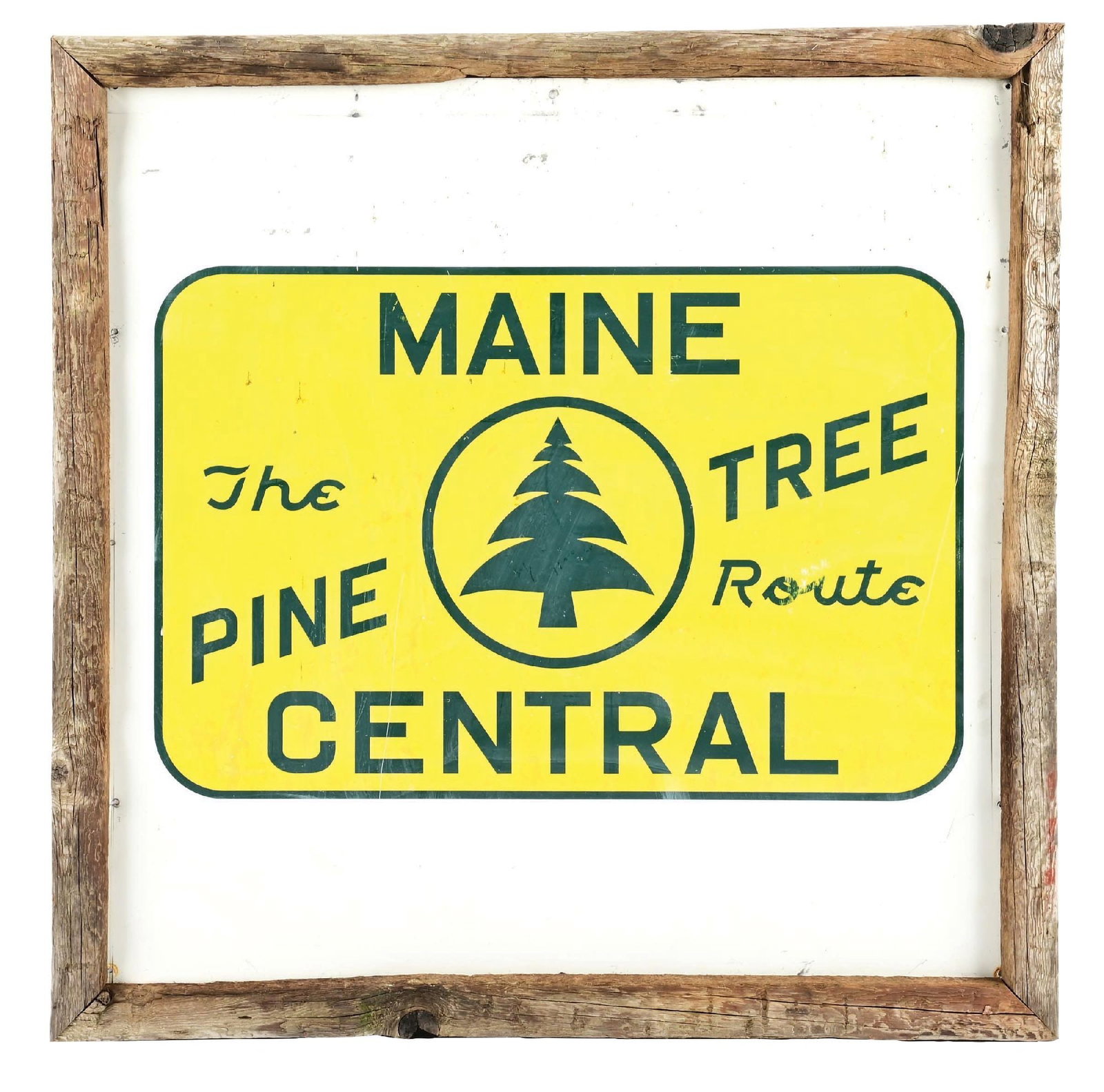 MAINE CENTRAL THE PINE TREE ROUTE TIN RAILROAD SIGN WITH WOOD FRAME: SST. CONDITION: Very good color & gloss throughout showing minor areas of light surface scratching and some minor age staining. Graphic is in good condition and the sign is mounted in a very nicely ma