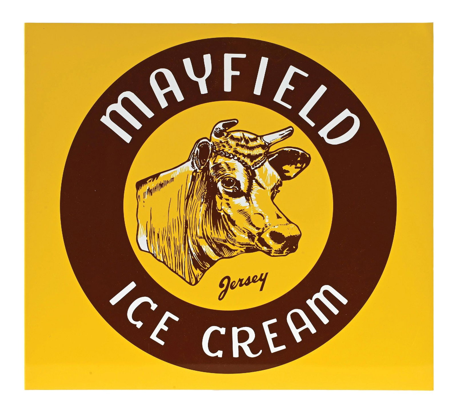 MAYFIELD ICE CREAM TIN FLANGE SIGN W/ COW GRAPHIC.: DST. CONDITION: Outstanding color & gloss throughout each side with excellent condition graphics. No notable wear at the flange with some minor scratches at the lower edge of side two. An excellent ex