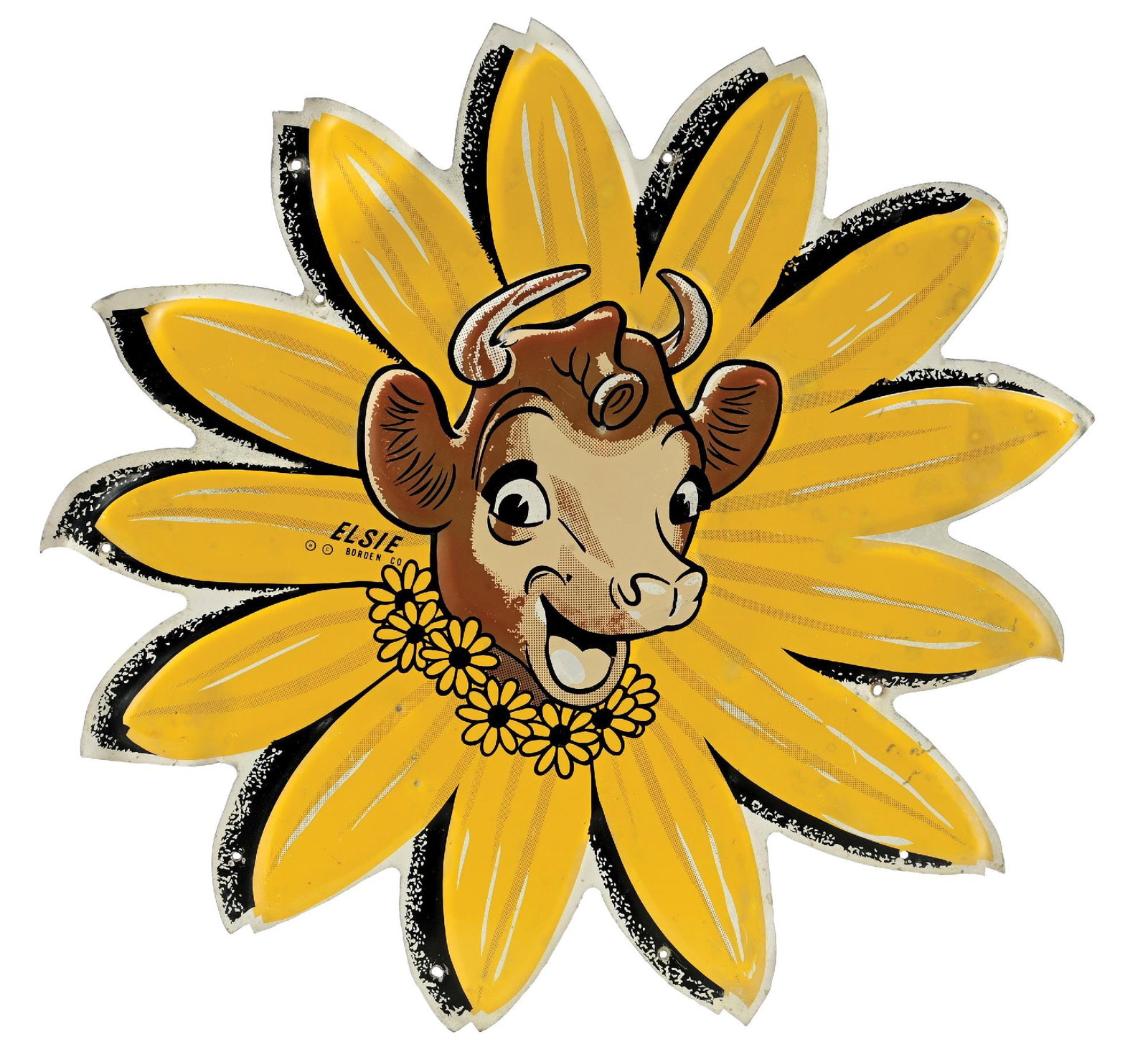 BORDEN DAIRY PRODUCTS DIE CUT TIN SUNFLOWER SIGN WITH ELSIE COW GRAPHIC (1 of 2)