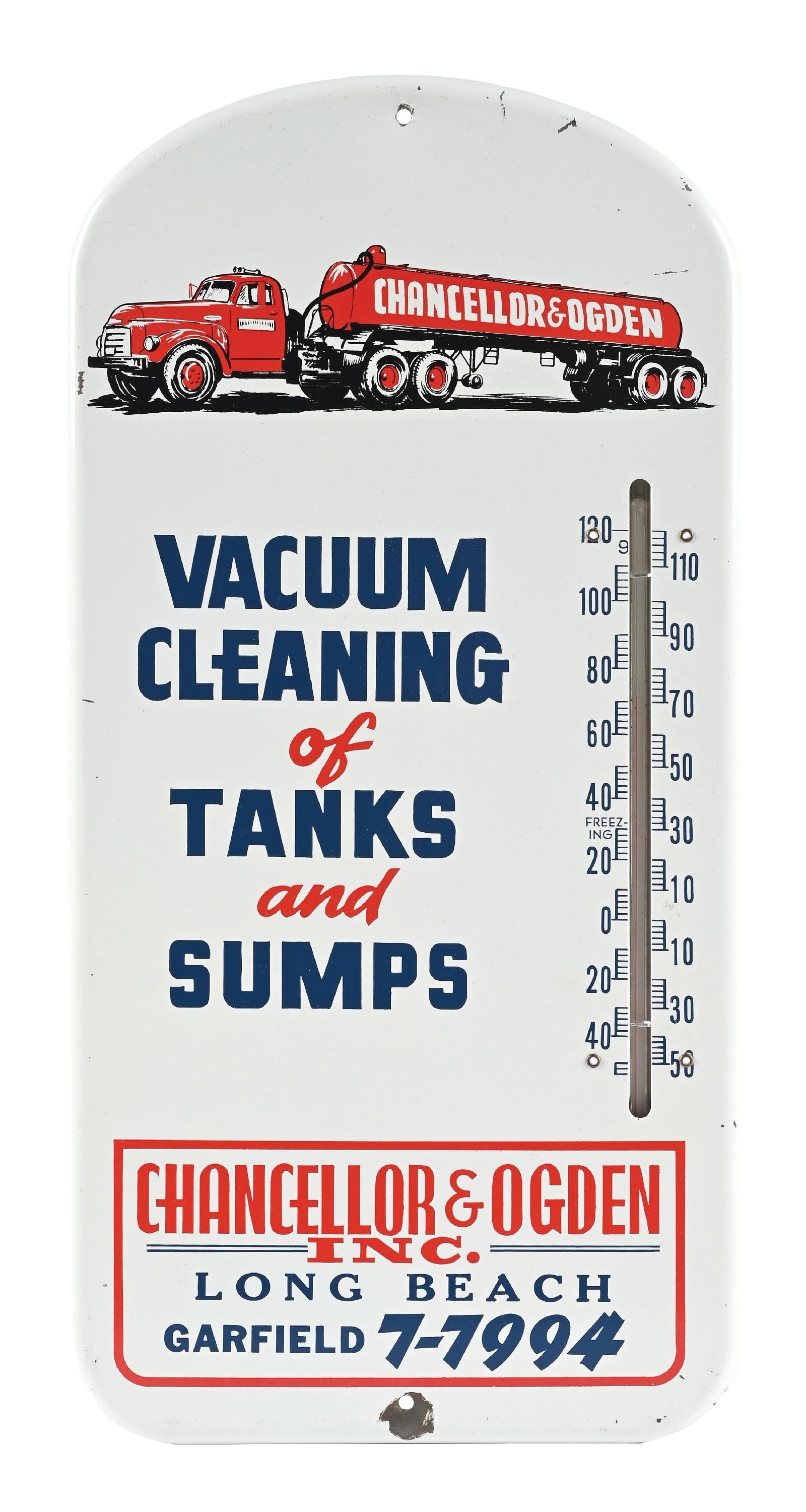 CHANCELLOR & OGDEN TIN ADVERTISING THERMOMETER WITH TRUCK GRAPHIC.: SST. C. 1960s. CONDITION: Bright color & gloss throughout, showing light wear in the fields. Minor scratches in the outer field with paint wear at the mounting holes. Thermometer intact and in working