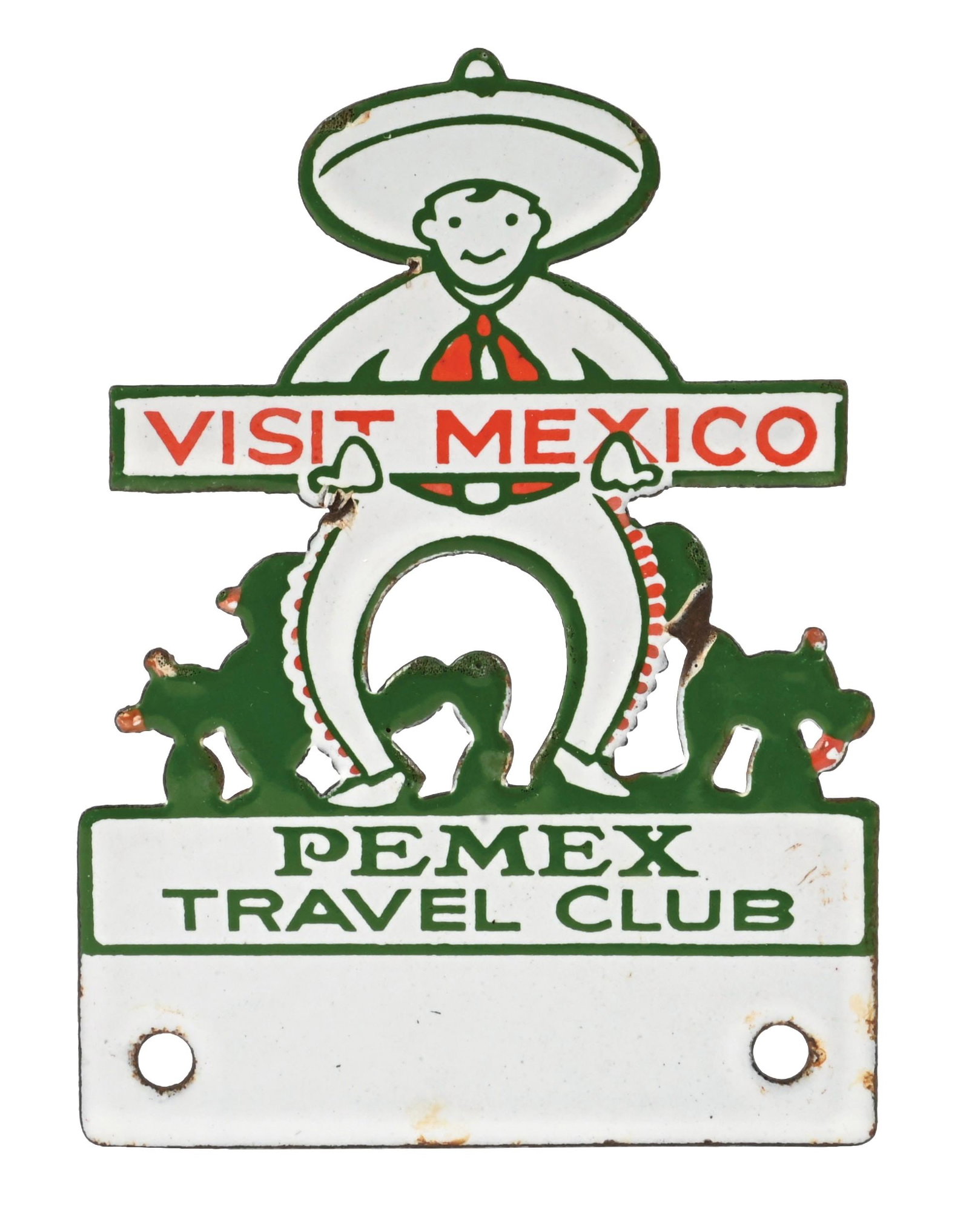VISIT MEXICO PEMEX TRAVEL CLUB PORCELAIN LICENSE TOPPER: SSP. CONDITION: Excellent color & gloss throughout showing minimal nicks in the outer field with light surface wear to the gloss of the white. Mounting holes and outer edges are in excellent condition
