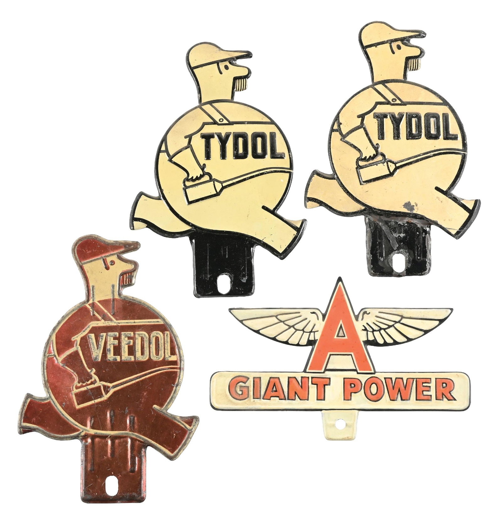 COLLECTION OF 4: TYDOL & FLYING A EMBOSSED TIN LICENSE PLATE TOPPERS (1 of 2)