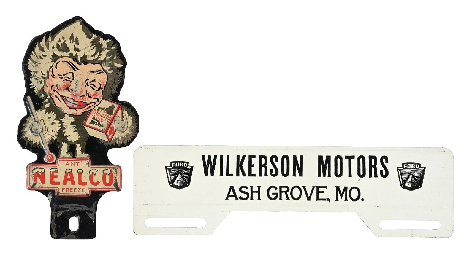 COLLECTION OF 2: WILKERSON MOTORS AND ANTI NEALCO FREEZE TIN LICENSE PLATE TOPPERS: Collection Consists Of: Nealco Anti Freeze Topper & Wilkerson Motors Ford Dealership Tin License Plate Topper. CONDITION: Each showing light to moderate wear with very good color & gloss. Condition: (