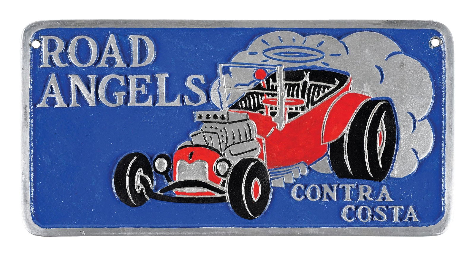 ROAD ANGELS CONTRA COSTA CAST METAL CAR CLUB PLAQUE: Single-Sided Cast Metal. Marked Chicago Metal Craft. CONDITION: Excellent throughout, showing repainted field in excellent condition. Paint work is nicely done and displays excellent. Condition: (Rest