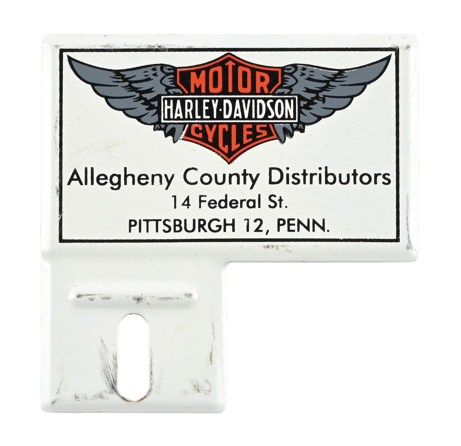 HARLEY-DAVIDSON MOTORCYCLES ALLEGHENY COUNTY DISTRIBUTORS TIN LICENSE PLATE TOPPER (1 of 2)