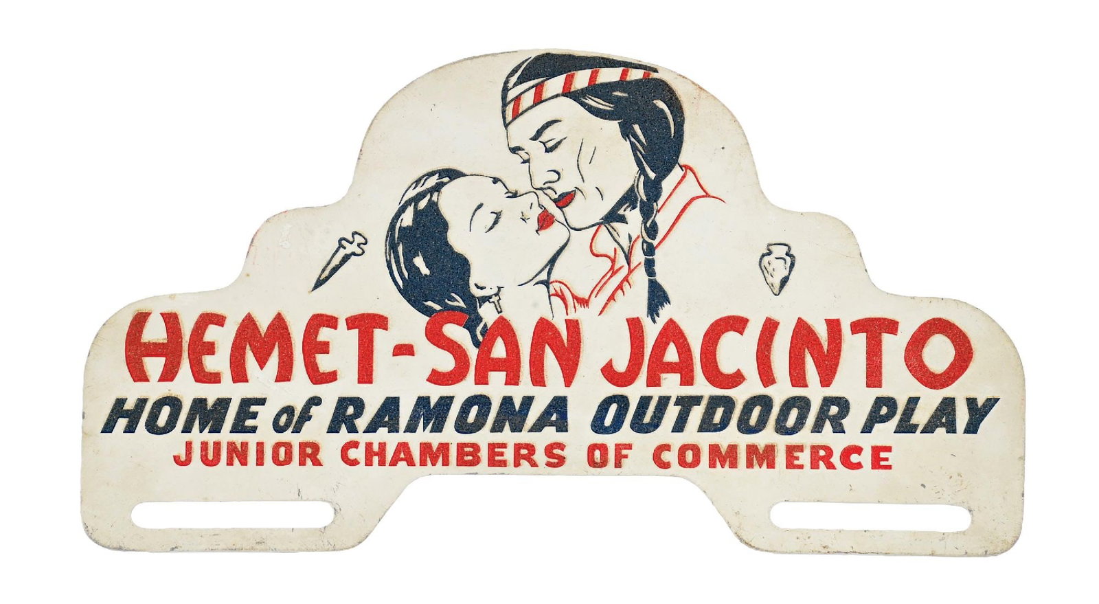 HEMET-SAN JACINTO CALIFORNIA TIN LICENSE PLATE TOPPER: SST. CONDITION: Good color throughout showing light general wear. Mounting holes in excellent condition with light wear at the outer edges. Condition: (8.5). Dimensions: 11" x 6".