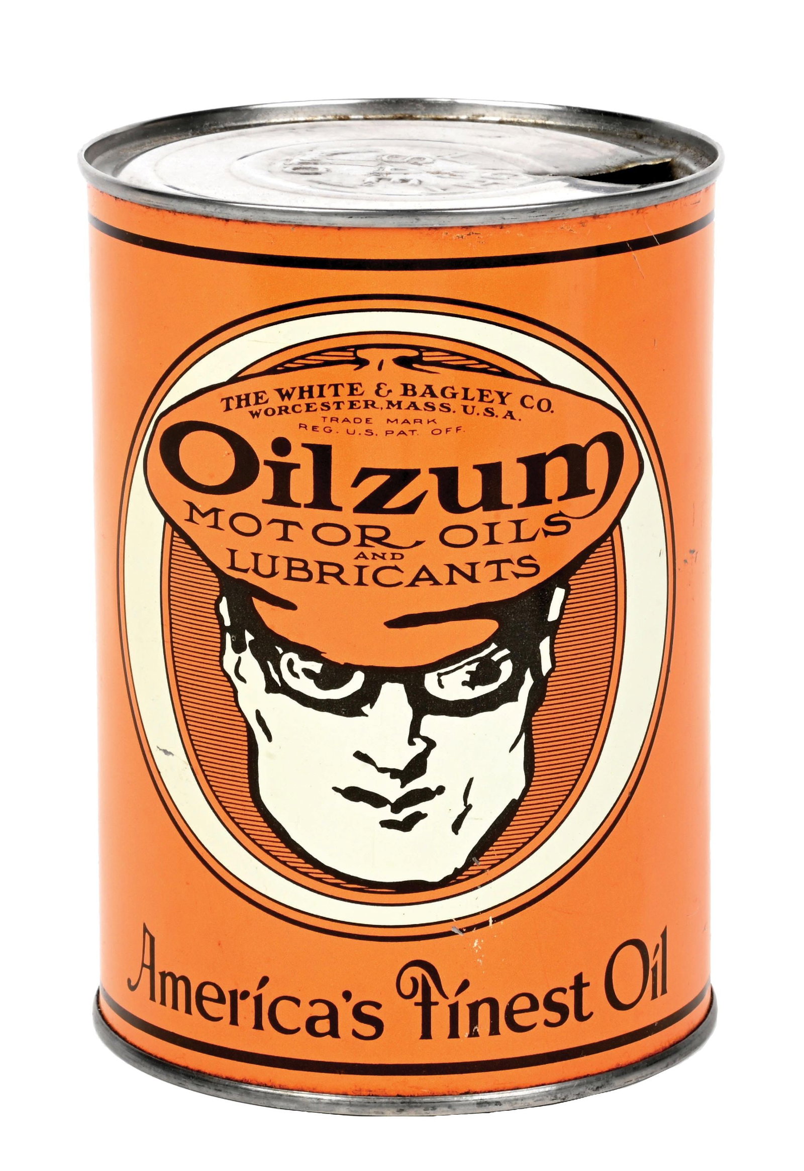 OUTSTANDING OILZUM "AMERICAS FINEST OIL" ONE QUART CAN.: One Quart Can. C. 1930s. CONDITION: Brilliant color & gloss throughout, showing excellent condition graphic at the center. Minimal surface scratches in the lower field and on the backside. Seam is in 