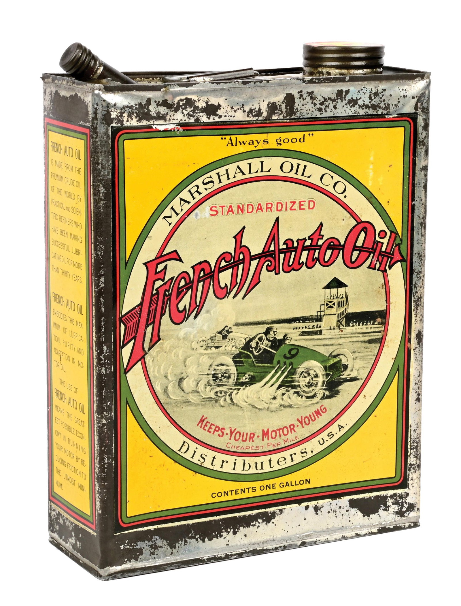 FRENCH AUTO OIL "ALWAYS GOOD" ONE GALLON CAN W/ RACE CAR SCENE GRAPHIC. (1 of 4)