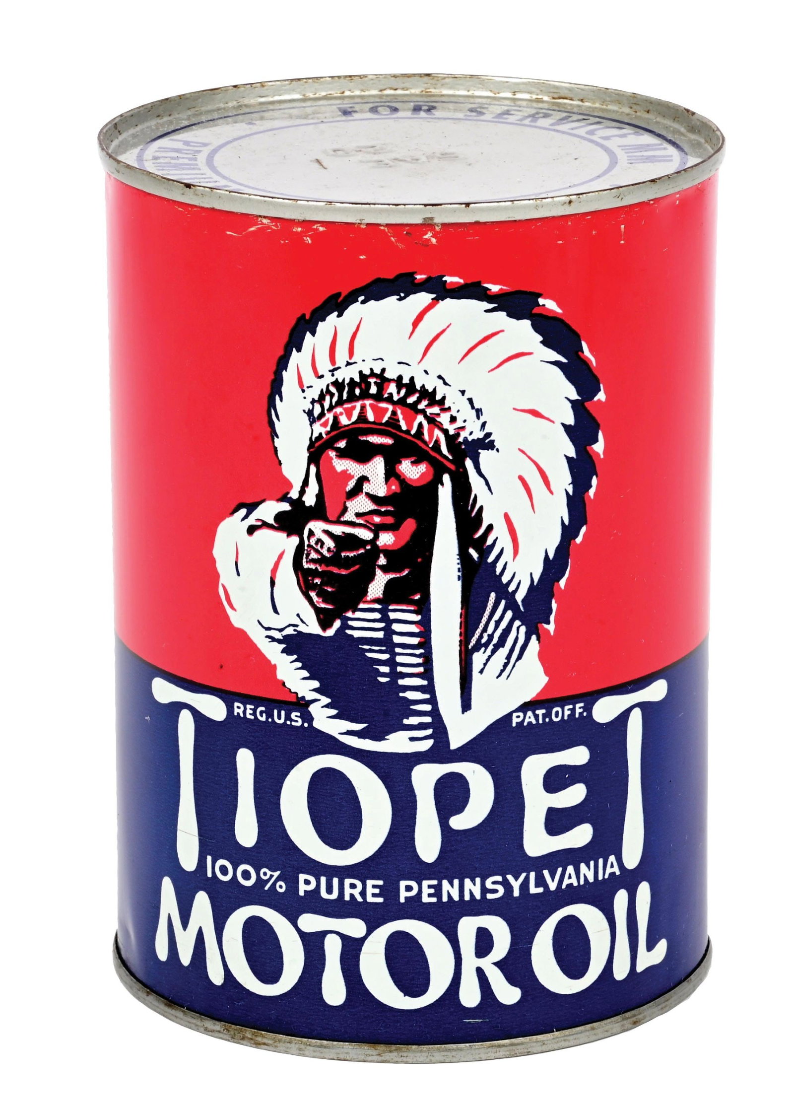 TIOPET PURE PENNSYLVANIA MOTOR OIL ONE QUART CAN W/ INDIAN GRAPHIC.: One Quart Can. C. 1940s. Tiona Petroleum Company, Philadelphia, Pennsylvania. CONDITION: Outstanding color & gloss throughout, showing no notable field wear on all side with an excellent condition lar