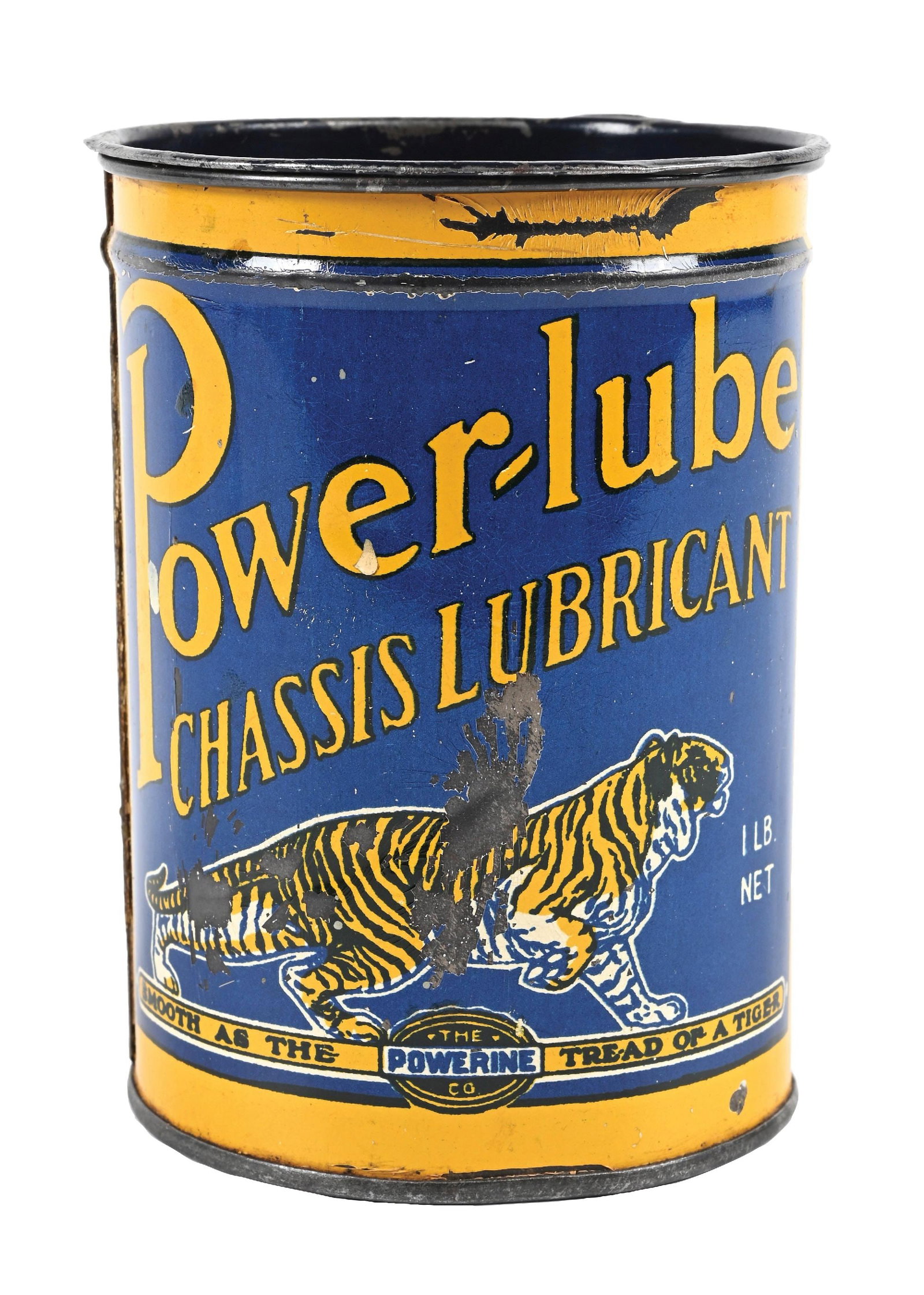 POWER-LUBE CHASSIS LUBRICANT ONE LB. GREASE CAN: One LB Can. C. 1920s. CONDITION: Can shows outstanding color & gloss throughout with some moderate to heavier areas of paint wear on each side. Minor areas of denting with original lid intact. A rare 