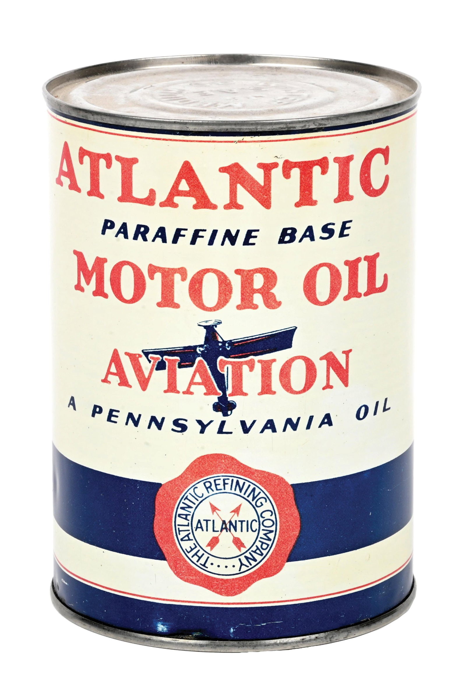 ATLANTIC AVIATION MOTOR OIL ONE QUART CAN W/ AIRPLANE GRAPHIC: One Quart Can. C. 1930s. CONDITION: Excellent condition graphic at the center with ultra clean field. Minimal color wear with one scuff at the upper field of the backside. Solder seam in outstanding c