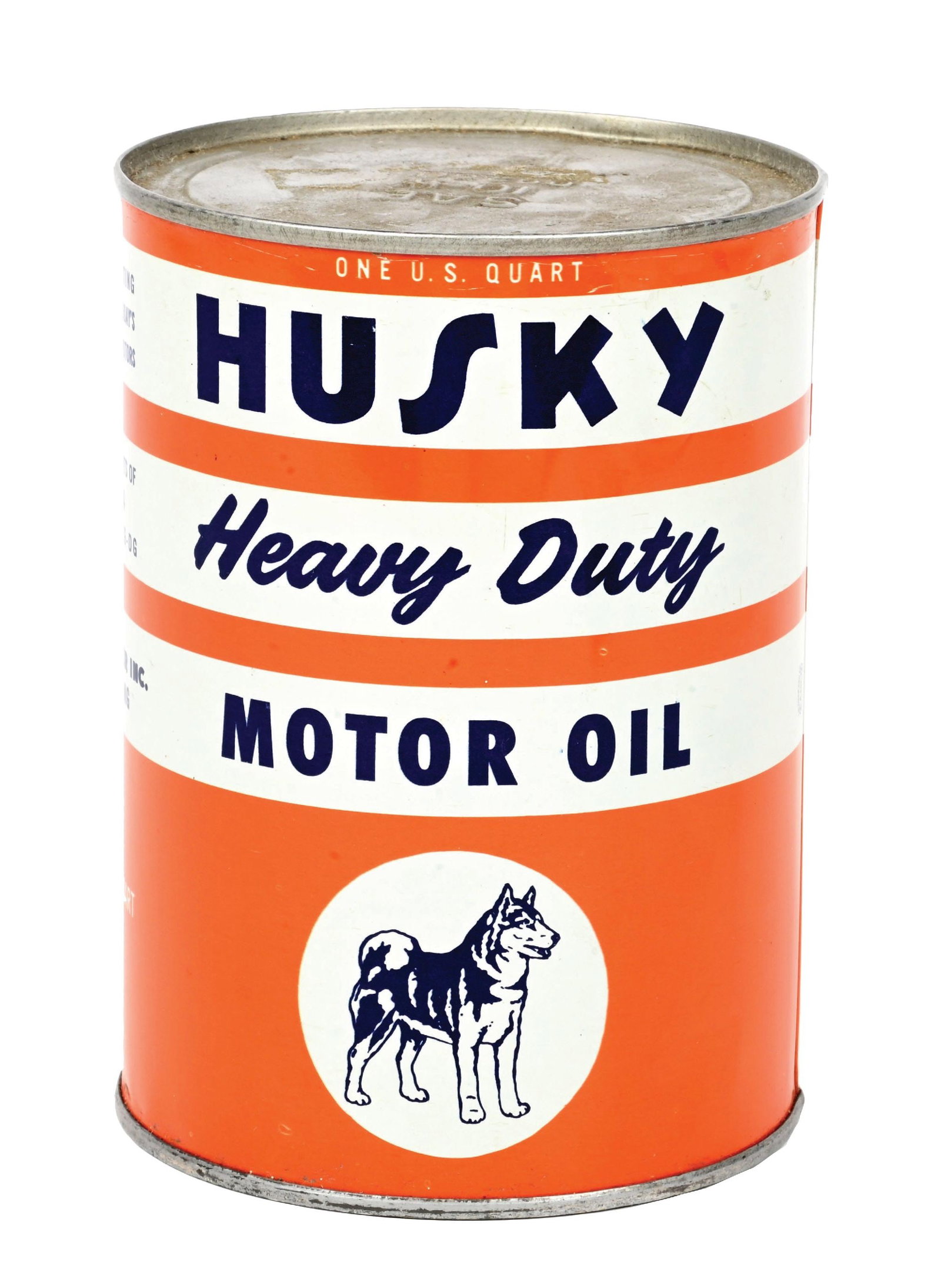 HUSKY HEAVY DUTY MOTOR OIL QUART CAN: One Quart Can. Husky Hi-Power, Cody, Wyoming. CONDITION: Outstanding color & gloss throughout showing husky dog graphic on each side. No notable field wear on either side, one minor dent at the lower 