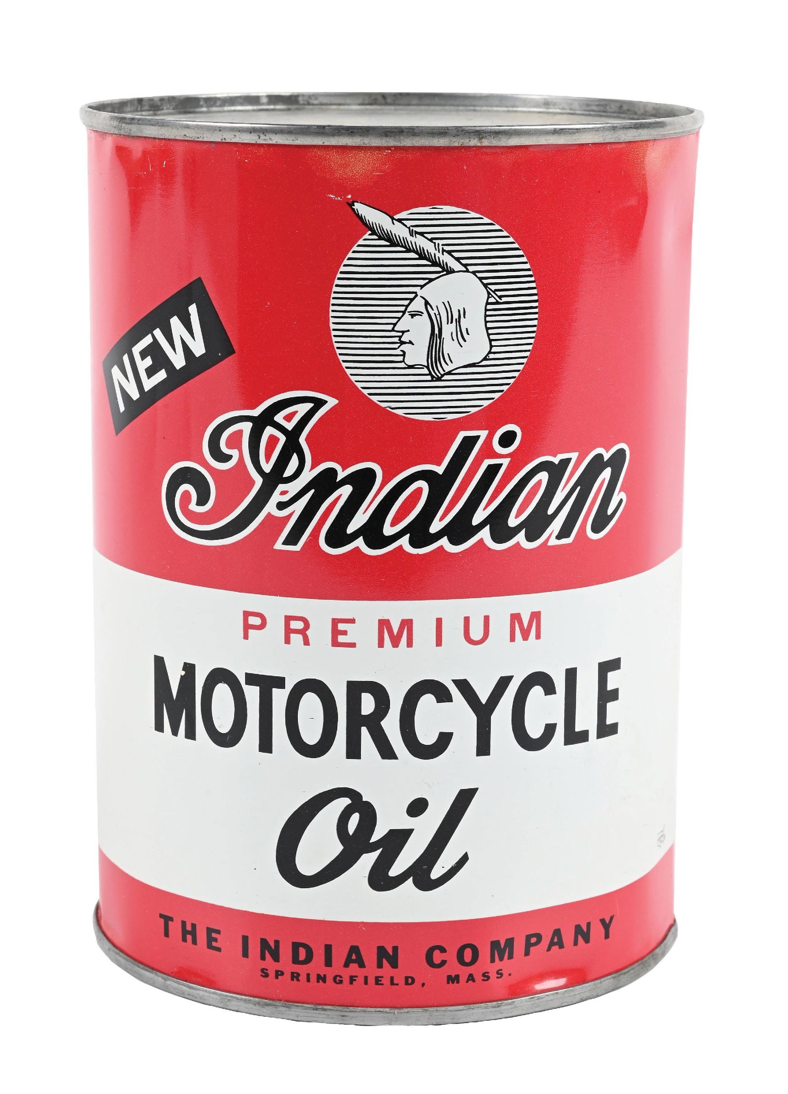 INDIAN PREMIUM MOTORCYCLE OIL ONE QUART CAN: One Quart Can. C. 1950s. CONDITION: Excellent color & gloss throughout showing minor areas of faint field wear. Can shows areas of denting along the top and bottom edge with some minor discoloration a