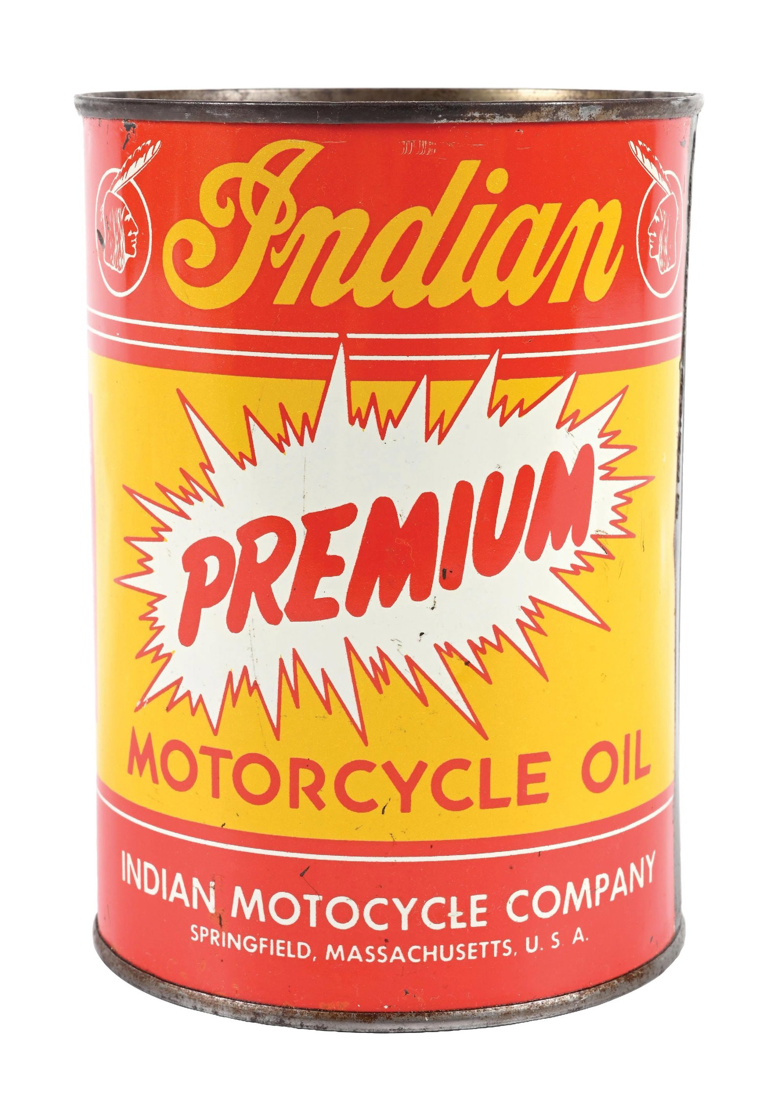 INDIAN PREMIUM MOTORCYCLE OIL ONE QUART CAN: One Quart Can. C. 1950s. CONDITION: Excellent color & gloss throughout, showing clean field with minimal areas of light surface scratches in the outer fields. Minor dent along the upper rim of the bac
