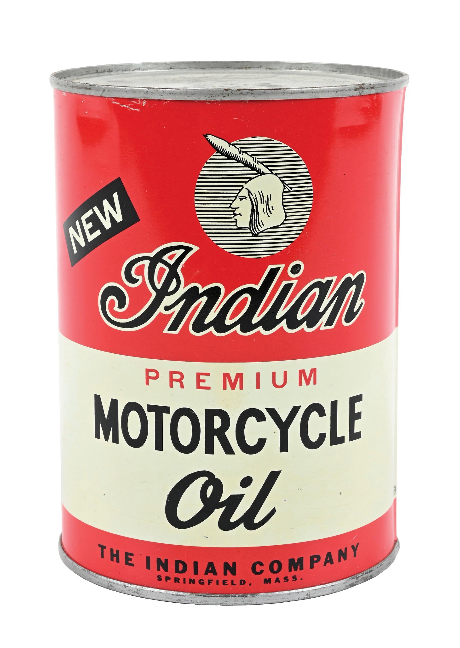 NEW INDIAN PREMIUM MOTORCYCLE OIL ONE QUART CAN: One Quart Can. C. 1950s. CONDITION: Bright and glossy throughout showing no notable field wear. Light surface scratches along the upper rim. Can shows a crimped seam and is full. An exceptionally clea