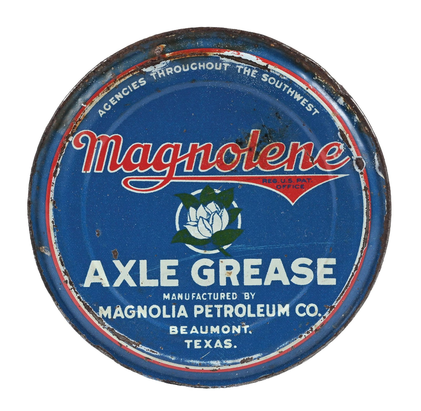 RARE MGNOLIA MAGNOLENE AXLE GREASE ONE POUND CAN W/ FLOWER GRAPHIC.: One Pound Can. Magnolia Petroleum Co., Beaumont, Texas. CONDITION: Excellent color & shine throughout showing general age wear. Clean graphics on the original lid as well as can with some minor areas 