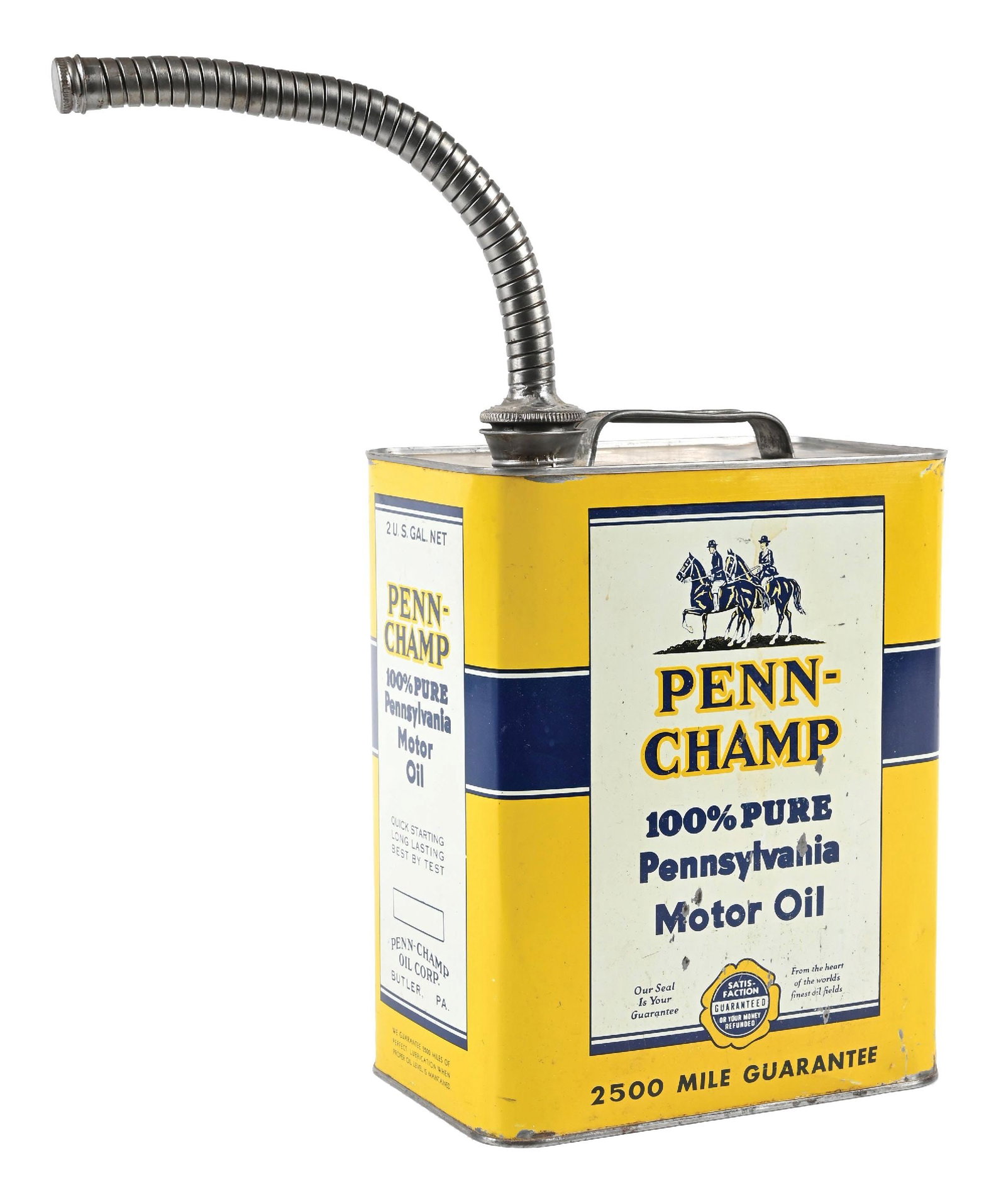 PENN-CHAMP PENNSYLVANIA MOTOR OIL TWO GALLON CAN W/ HORSE GRAPHICS.: Two Gallon Can. C. 1940s. Penn Champ Oil Corporation, Butler, Pennsylvania. CONDITION: Excellent color & gloss throughout, showing clean graphics on each side. Minor areas of light surface scratches w