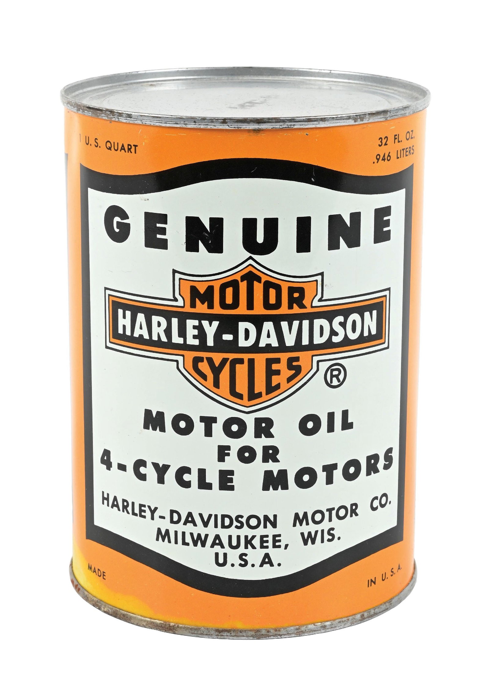 HARLEY-DAVIDSON MOTORCYCLE MOTOR OIL FOR 4-CYCLE MOTORS ONE QUART CAN: One Quart Can. C. 1950s. CONDITION: Exceptionally clean fields throughout with one area of discoloration at the lower left edge. Can shows a crimped seam and is full. A bright and well displaying exam