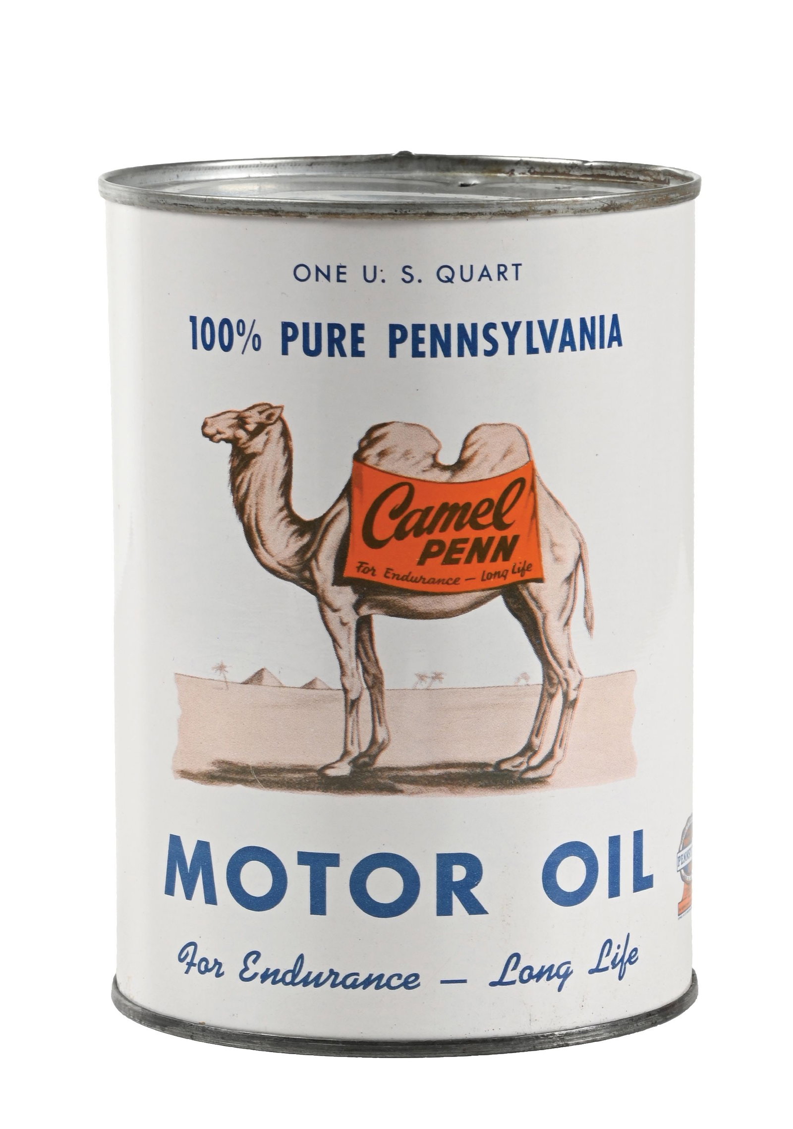 OUTSTANDING CAMEL PENN MOTOR OIL ONE QUART CAN: One Quart Can. C. 1940s. CONDITION: Can is absolutely brilliant throughout showing excellent color & gloss with no notable field wear. Graphic is in outstanding condition and the seam showing no notab