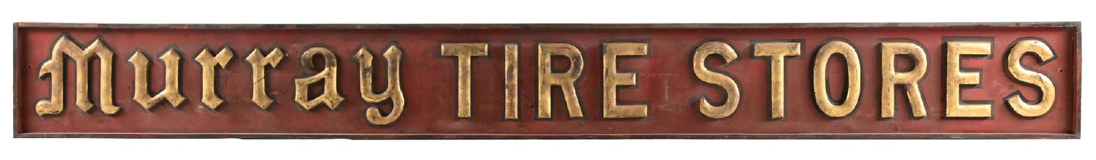 LARGE MURRAY TIRE STORES CARVED WOOD ADVERTISING SIGN: Single Sided Painted Wood Sign showing carved lettering for Murray Tire Stores. C. 1920s. CONDITION: Overall very good showing a large majority of its original paint intact with an outstanding patina.