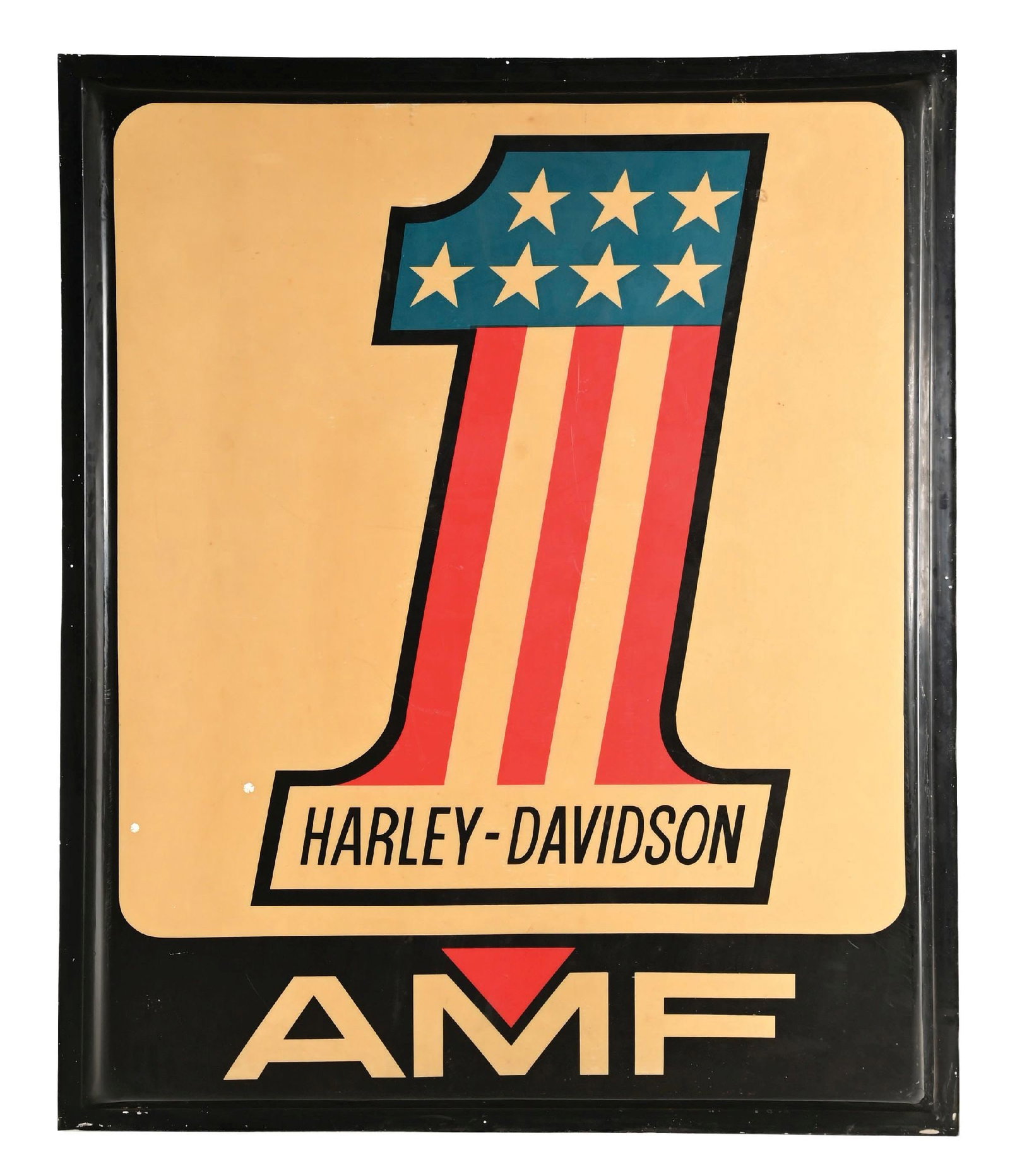 HARLEY DAVIDSON MOTORCYCLES EMBOSSED PLASTIC DEALERSHIP SIGN: Single-Sided Embossed Plastic Dealership Sign for Harley Davidson Motorcycles showing large "1" graphic at the center. CONDITION: Showing excellent color in the red & blue with some age discoloration 