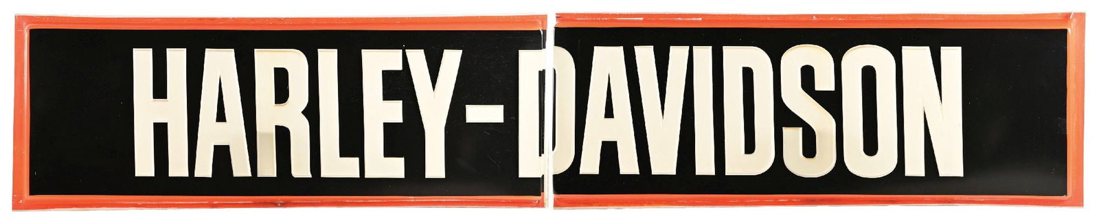 LARGE HARLEY-DAVIDSON MOTORCYCLES EMBOSSED TWO-PIECE PLASTIC DEALERSHIP SIGN: Large and impressive single-sided two-piece dealership sign for Harley Davidson showing large script across the field. CONDITION: Excellent color & gloss throughout the field of the orange & black, wi