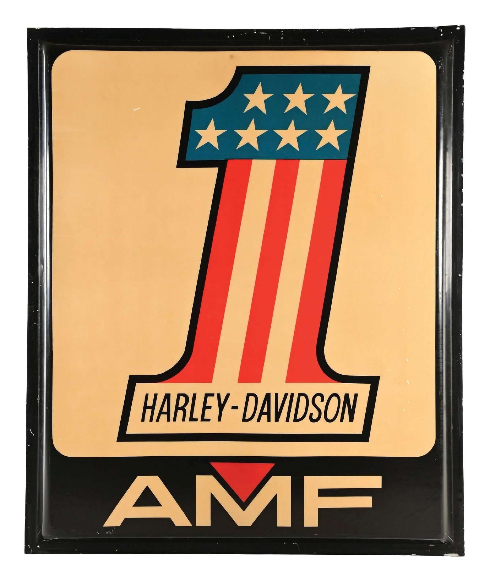HARLEY-DAVIDSON MOTORCYCLES AMF PLASTIC DEALERSHIP DISPLAY SIGN: Single-Sided Embossed Plastic Dealership Sign for Harley Davidson Motorcycles showing large "1" graphic at the center. CONDITION: Showing excellent color in the red & blue with some age discoloration 