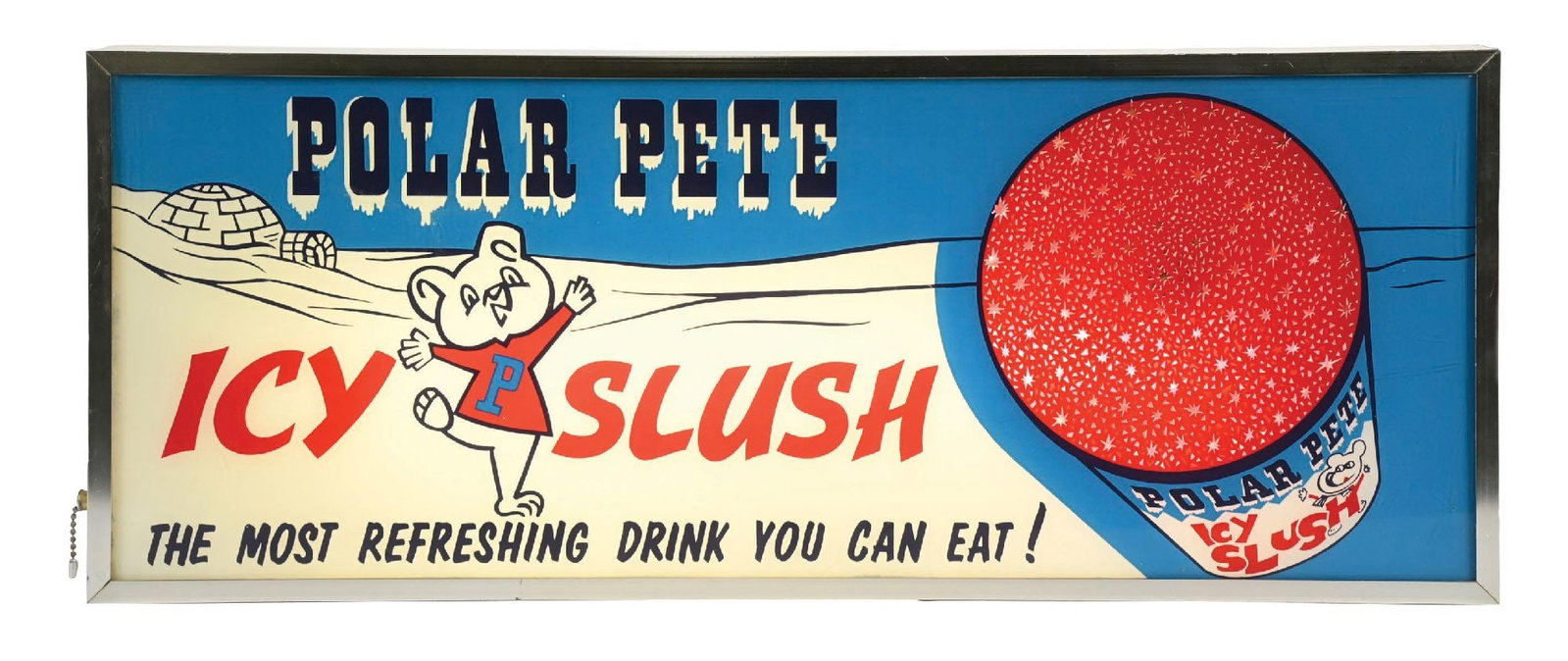POLAR PETE ICY SLUSH MOTION LIGHT-UP DISPLAY SIGN: Single-Sided Motion Light Display Sign showing metal casing. CONDITION: Excellent original condition, showing bright color & gloss, in excellent working order showing no notable damage. Metal casing a