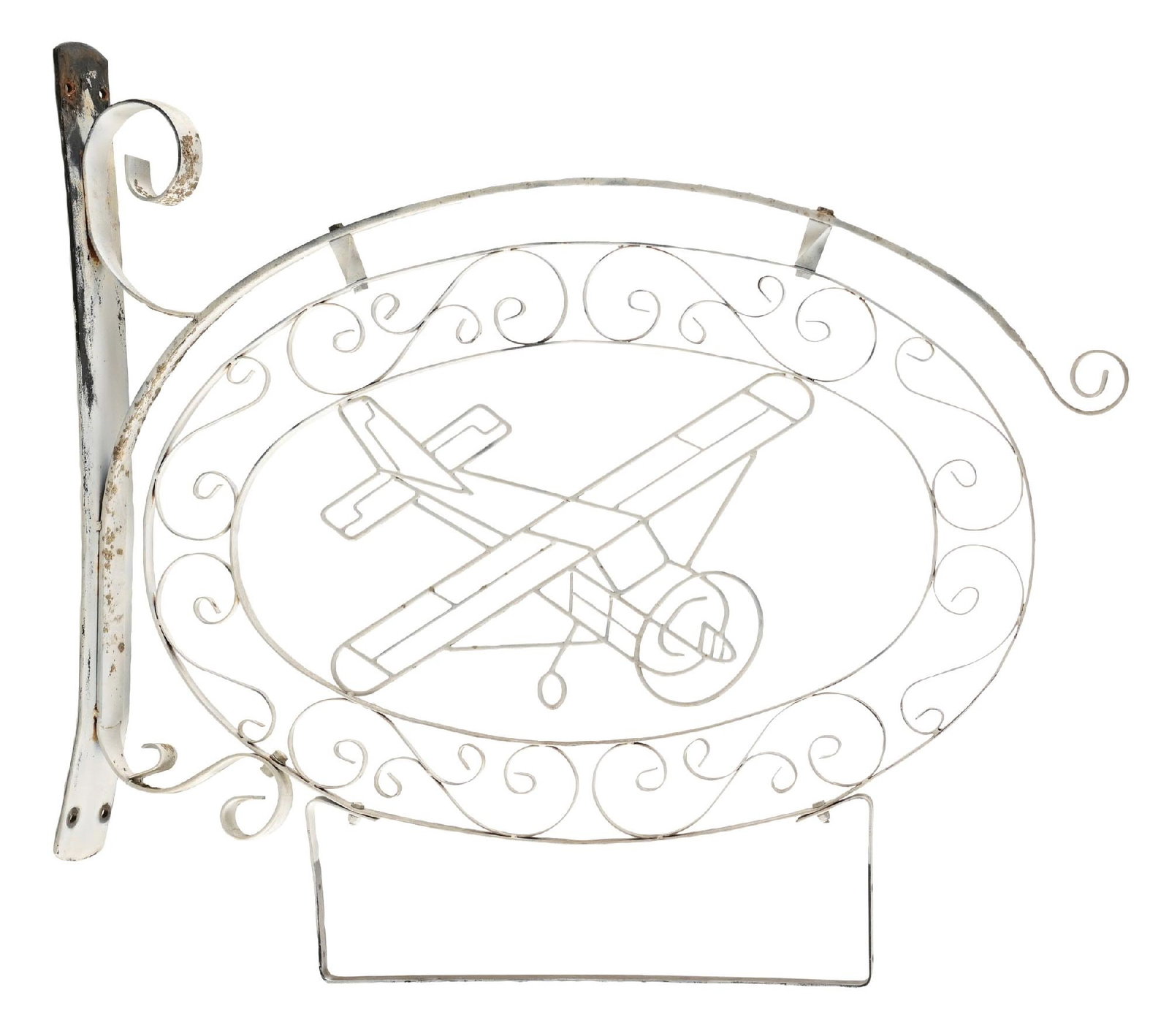 ORNATE IRONWORK METAL AIRPLANE FLANGE SIGN: Ironwork Metal Flange Sign showing Airplane at the center with area in the lower field that appears to hold a sign of some kind. CONDITION: Very good overall showing areas of overpaint in white with g