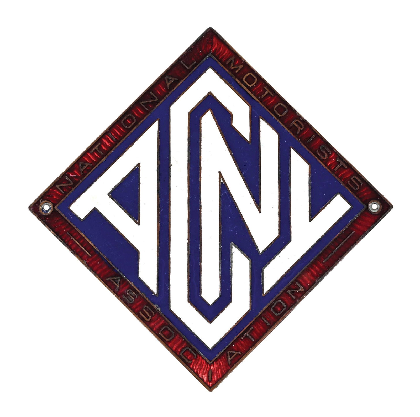 NATIONAL MOTORISTS ASSOCIATION N.O.S. CLOISONNÉ RADIATOR BADGE.: Single-Sided Cloisonné & Bronze Radiator Badge for Auto Club of New York showing "National Motorists Association". C. 1920s. Maker Marked Robbins Co., Attleboro, Massachusetts. CONDITION: Brillia