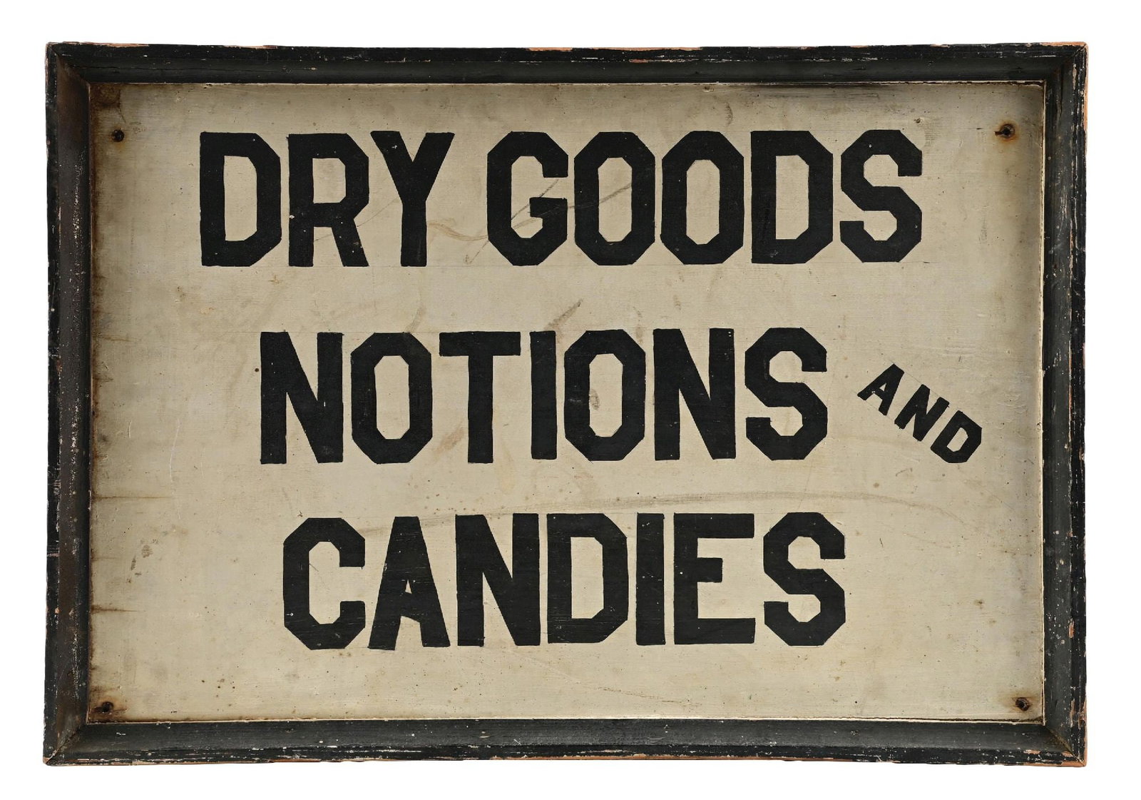 DRY GOODS NOTIONS AND CANDIES HAND PAINTED WOOD SIGN W/ ORIGINAL FRAME.: Single Sided Hand Painted Wood Sign. C. 1940s. CONDITION: Excellent original surface throughout showing minimal areas of light surface scratching and staining resulting in an excellent patina througho