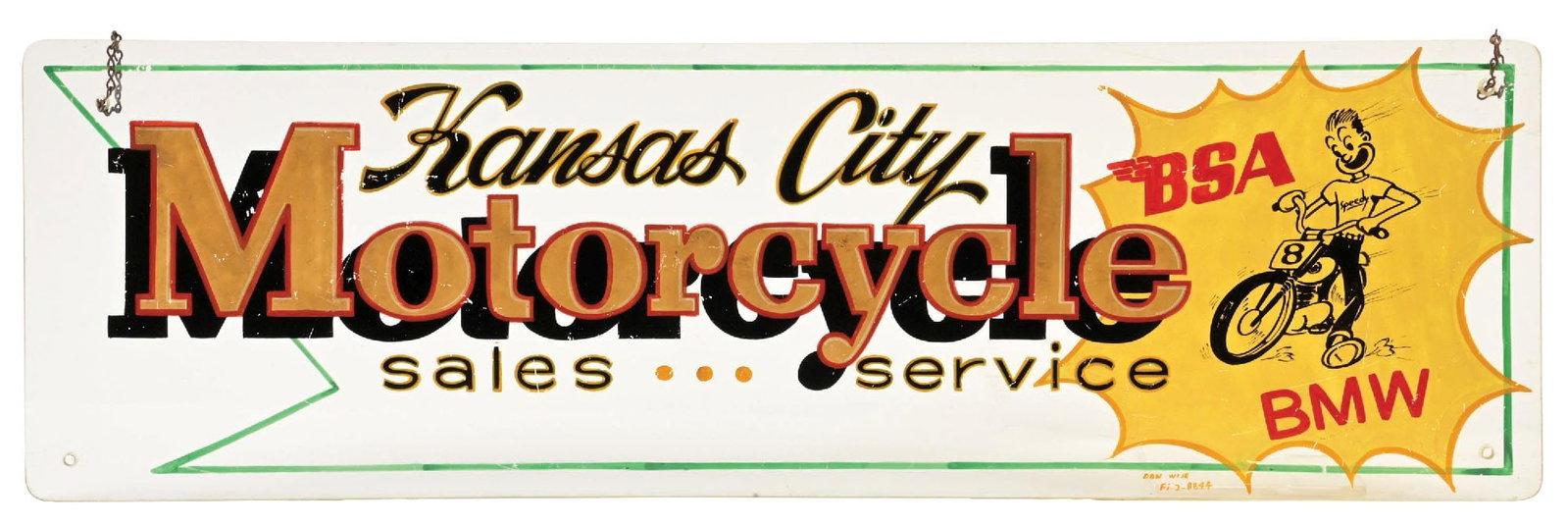 KANSAS CITY MOTORCYCLE SALES & SERVICE PAINTED SIGN: Single Sided Hand Painted Acrylic Sign showing BSA & BMW advertising with motorcycle graphic. Marker Marked Don Wise. CONDITION: Excellent original condition throughout showing minor areas of light ag