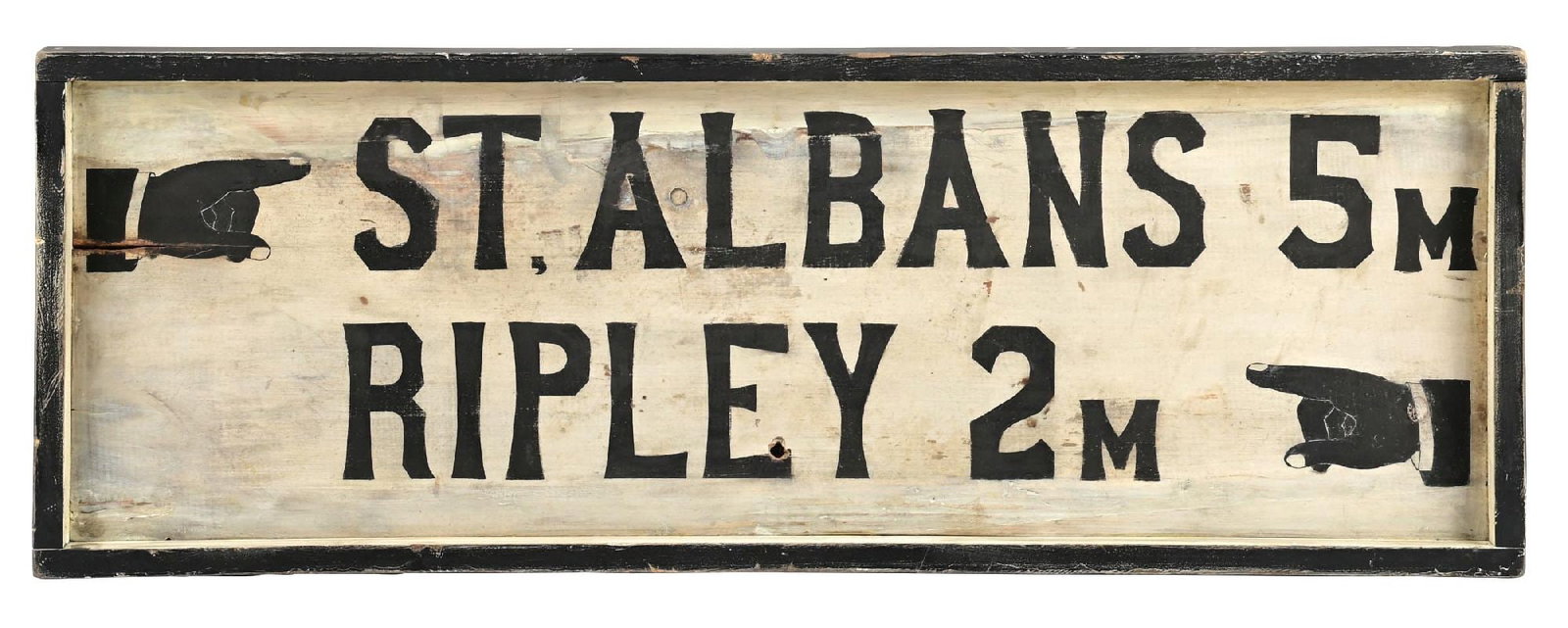 ST. ALBANS & RIPLEY PAINTED WOOD DIRECTIONAL SIGN W/ FINGER POINTER GRAPHIC.: Single Sided Hand Painted Wood. CONDITION: Overall very good showing a large majority of original paint throughout the field. Shows an area of repair along the upper edge with some areas of repaint in