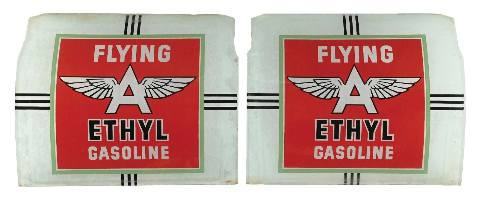 COLLECTION OF 2: FLYING A ETHYL GASOLINE A-38 AD GLASS PANELS: Set Of Two. CONDITION: Showing very good color in the field with chipping along the outer edges as well as some minor discoloration in the white backing. May improve with cleaning. Condition: (8.25). 