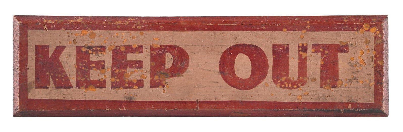 KEEP OUT HAND-PAINTED WOOD SIGN: Single-Sided Hand-Painted Wood Sign showing "Keep Out". C. 1930s. CONDITION: Excellent original patina throughout the surface, showing light wear and age staining. Outer edges showing bevels with hand