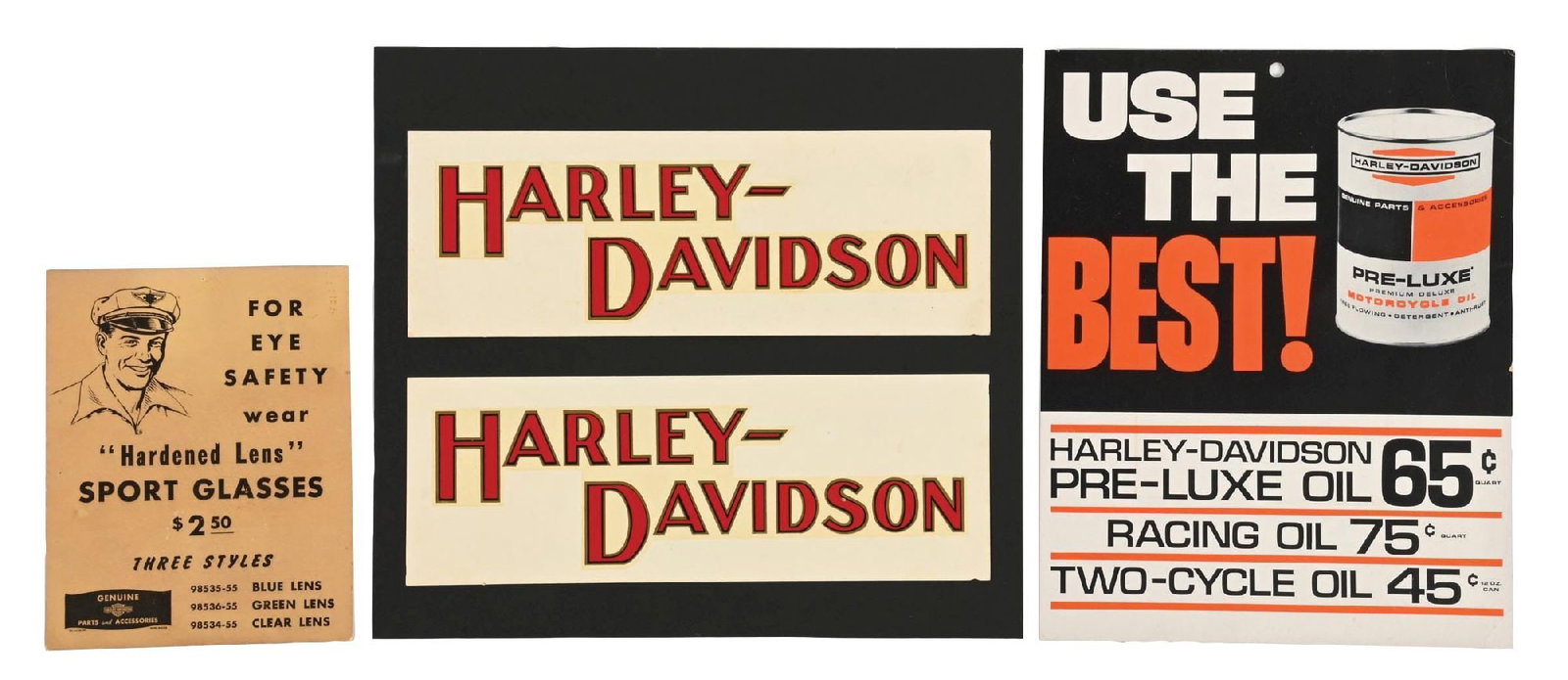 COLLECTION OF 3: HARLEY DAVIDSON DECALS & EPHEMERA: Collection Consists Of: Two NOS Harley Davidson Tank Decals, one Pre-Luxe Motor Oils Cardstock Store Display and one Sport Glasses Cardstock Store Display. CONDITION: Each in very good conditions, sho