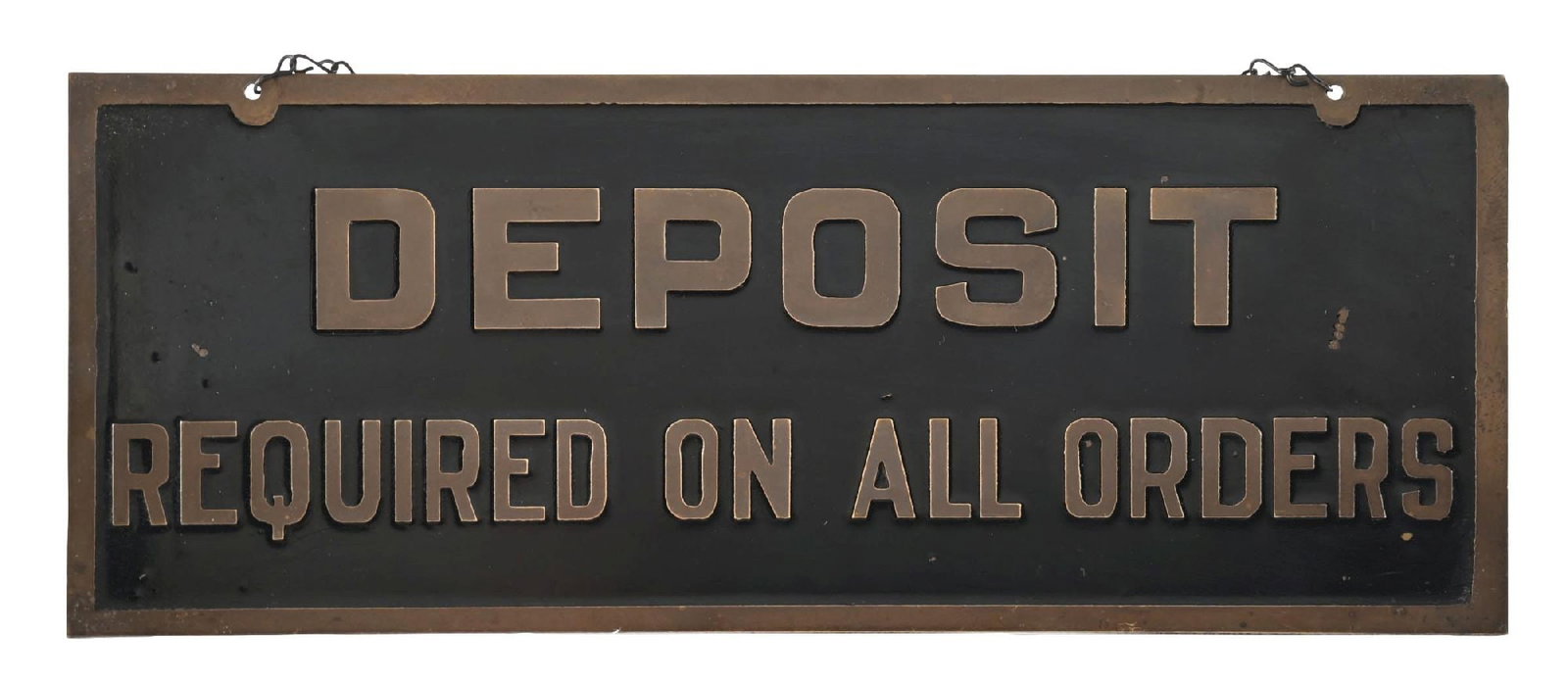 DEPOSIT REQUIRED ON ALL ORDERS STAMPED BRASS SIGN W/ ORIGINAL METAL CHAIN: Single-Sided Stamped Brass Sign with original hanging chain. C. 1920s. CONDITION: Excellent condition, original surface showing a great patina to the brass with original black paint. Minor surface scr