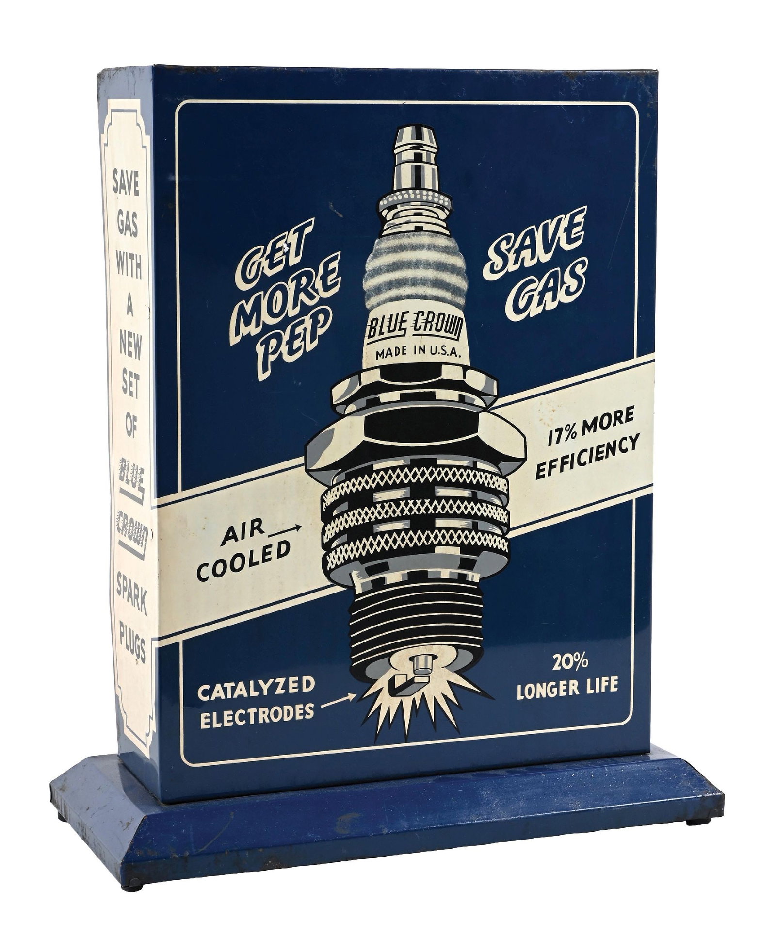 RARE BLUE CROWN SPARK PLUGS TIN STORE DISPLAY CABINET: Tin Store Display Cabinet showing lettering and graphics on three sides with original tin base intact. C. 1940s. CONDITION: Showing excellent color & gloss throughout the field with large and impressi