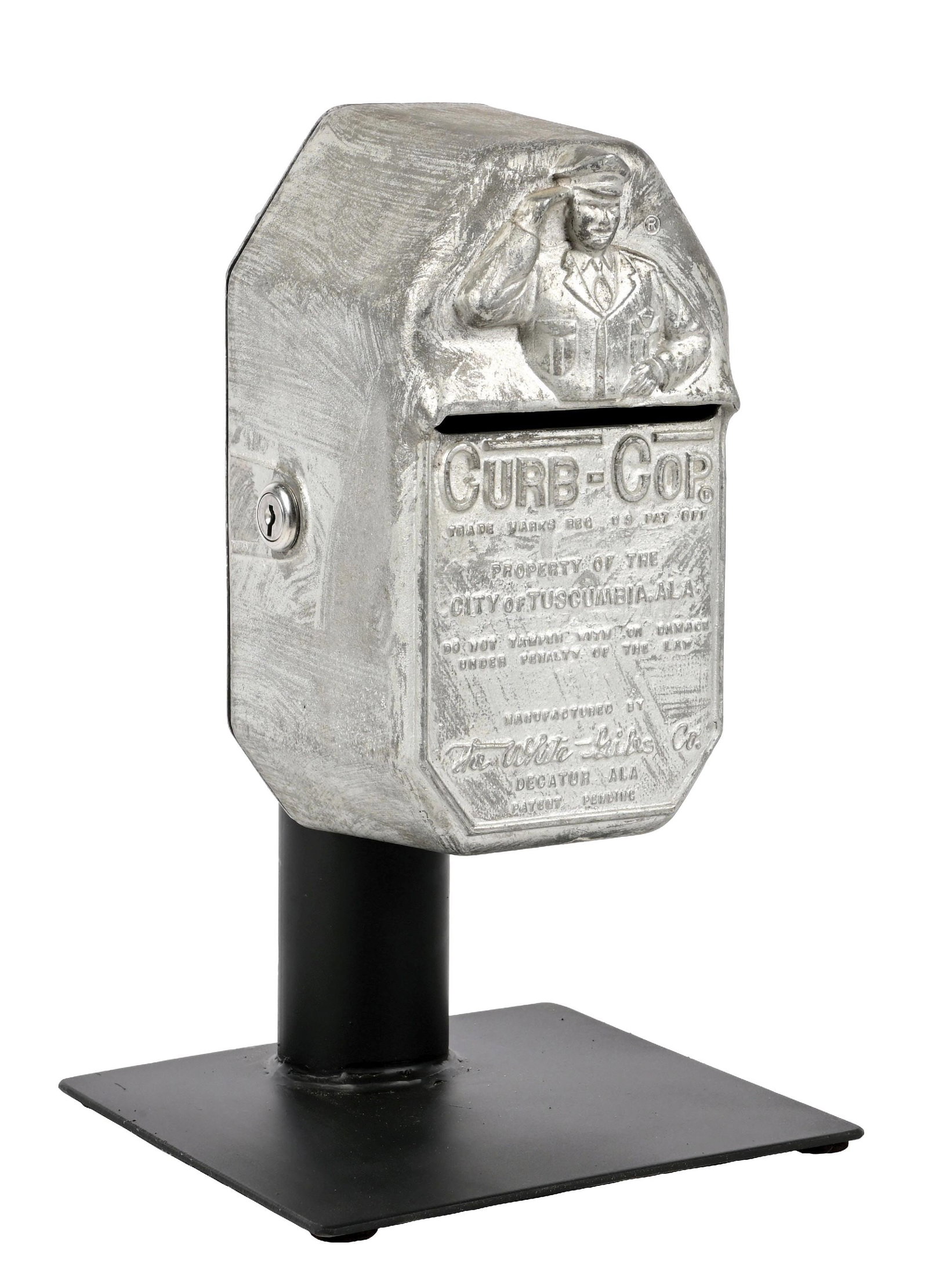 CURB-COP N.O.S. PARKING METER CAST METAL COIN BOX ON CUSTOM METAL STAND.: Manufactured by The White Giles Company, Decatur, Alabama. Showing unique and outstanding Police Officer casted into the metal above an envelope slip. Showing, "Property of Tuscumbia, Alabama" casted 