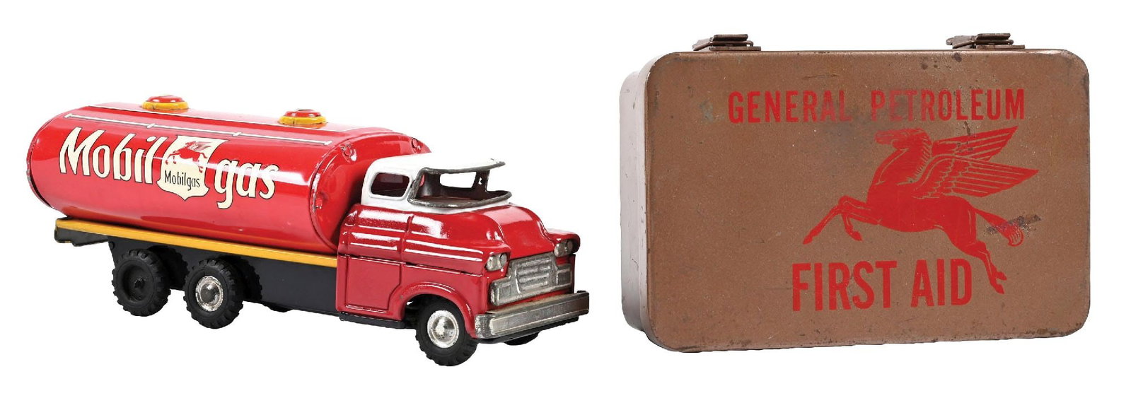 COLLECTION OF 2: MOBILGAS TIN TOY TRUCK AND GENERAL PETROLEUM FIRST AID KIT (1 of 5)