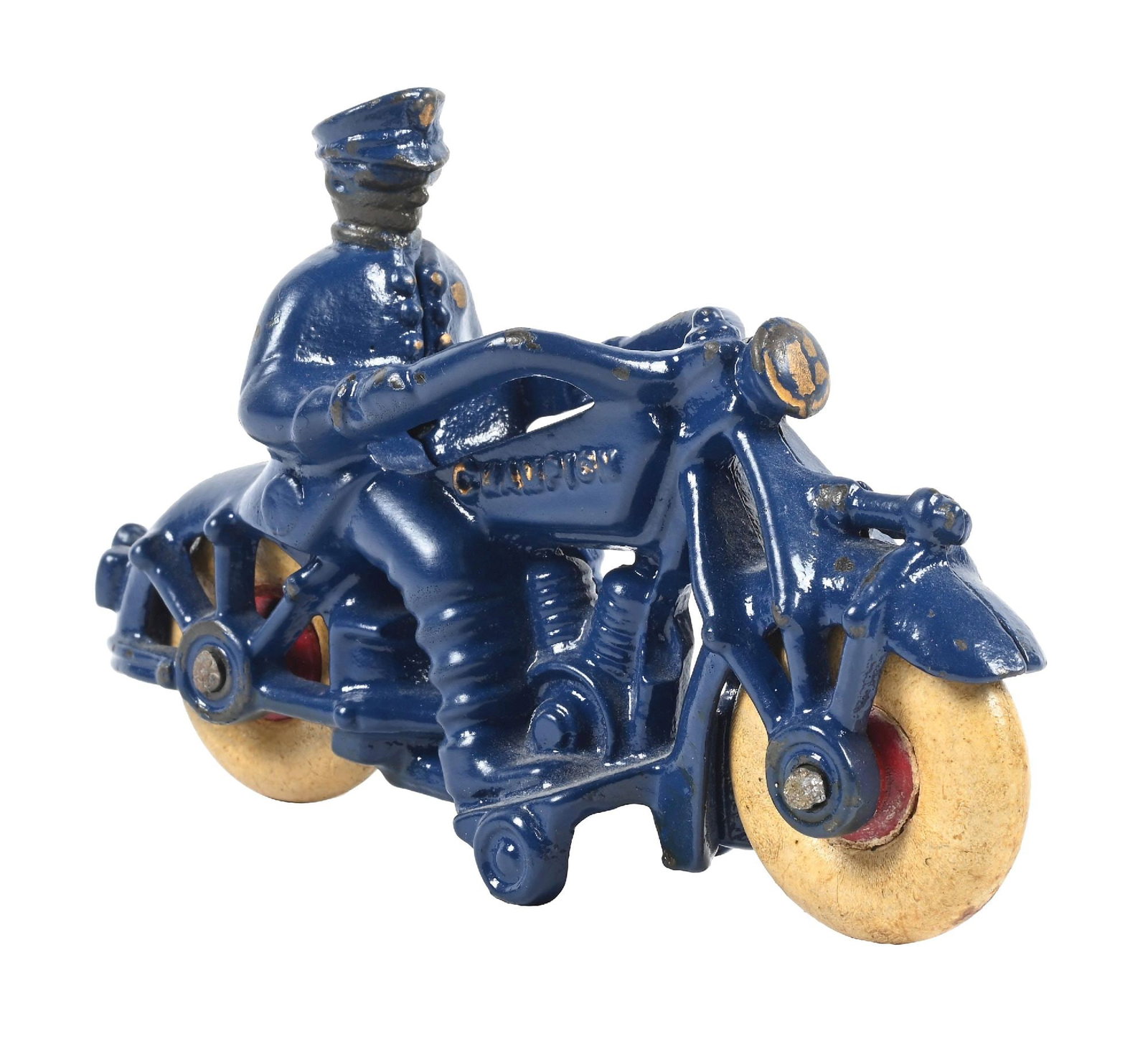 CAST IRON CHAMPION MOTORCYCLE TOY: CONDITION: Showing areas of repaint in the blue as well as the Champion lettering. Wheels appear original and in good condition. A well displaying example. Condition: (Very Good). Dimensions: 4 - 3/4"