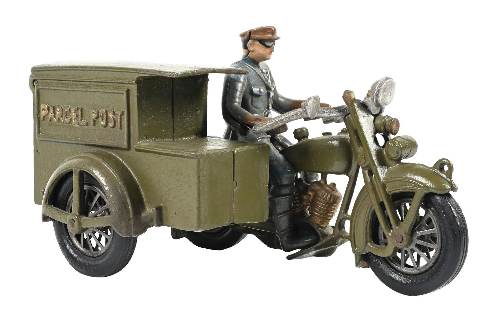 CAST IRON PARCEL POST MOTORCYCLE TOY WITH FIGURE: CONDITION: Showing a large majority of repaint with no noticeable damage to the cast iron. Figure also in very good condition, showing only light wear. Wheels in very good condition. Displays excellen