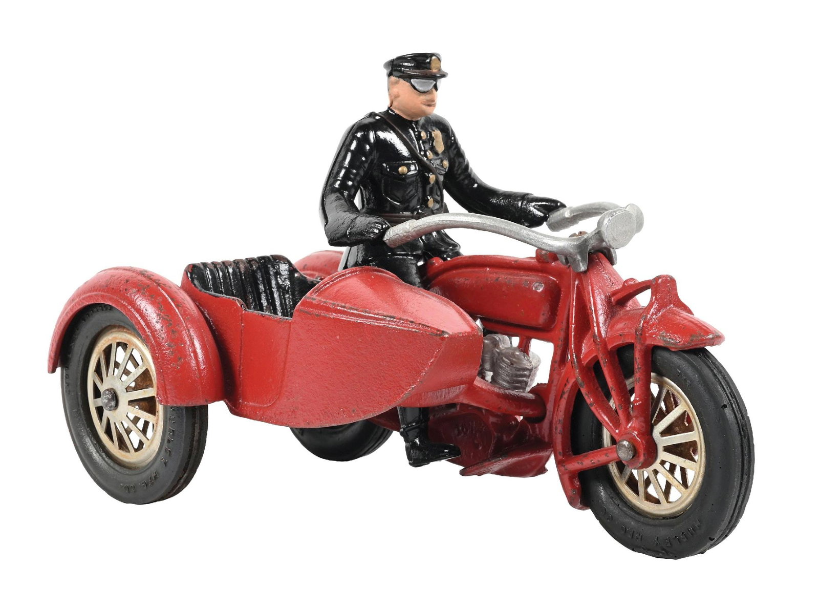 INDIAN POLICE OFFICER CAST IRON MOTORCYCLE TOY WITH SIDE CAR: CONDITION: Showing a large majority of original paint with some areas of repaint. Police officer figure also in very good condition, showing only light wear. Wheels in very good condition. Displays ex