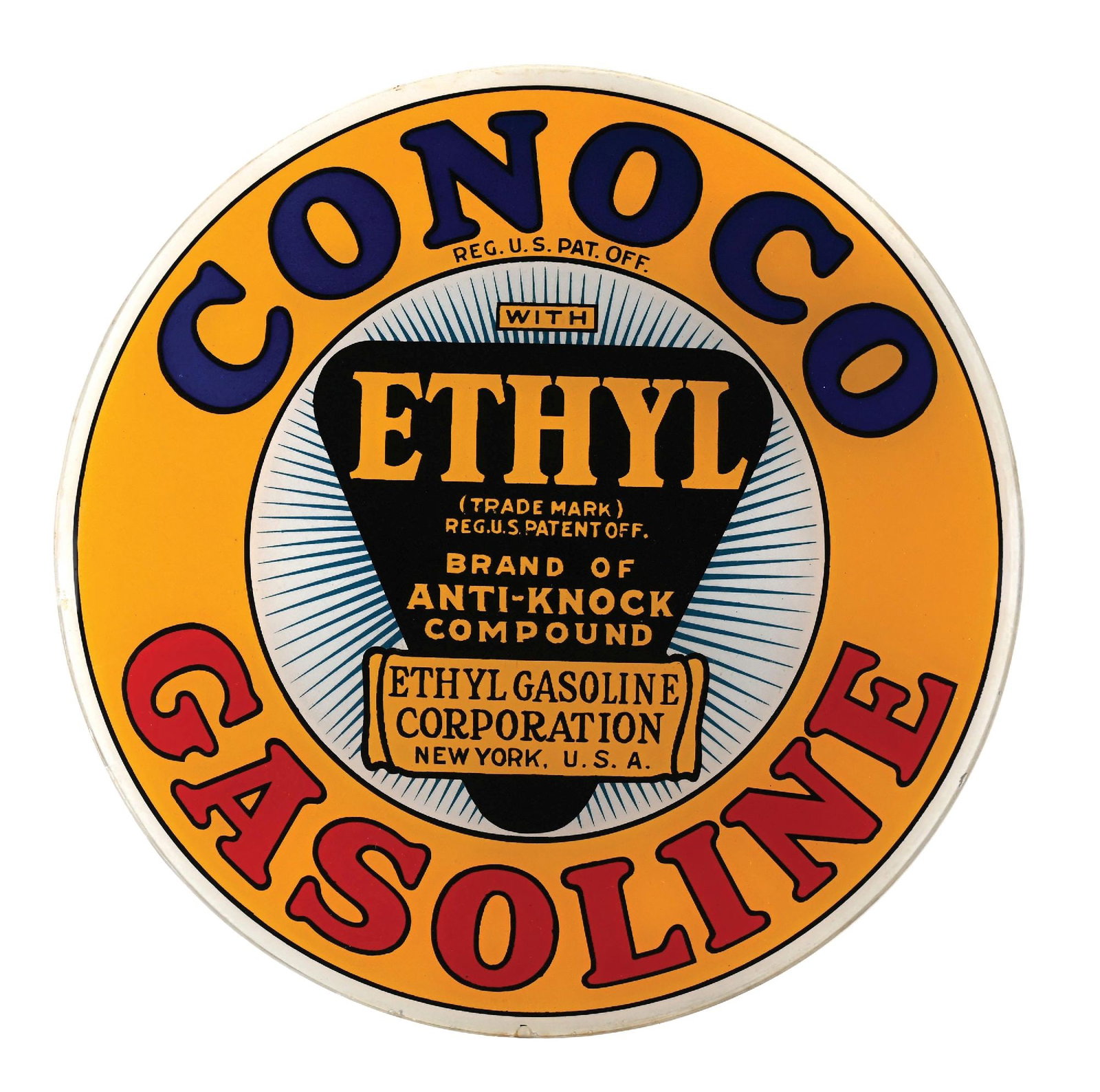 CONOCO ETHYL GASOLINE ETHYL SINGLE 15" GLOBE LENS: Single 15" Globe Lens. C. 1920s. Continental Oil Company, Denver, Colorado. CONDITION: Brilliant color & gloss throughout, showing no notable field wear other than a few fine surface scratches. Outer 