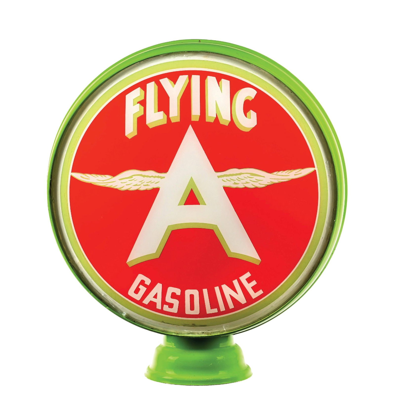 RARE ASSOCIATED FLYING A GASOLINE SINGLE 15" GLOBE LENS ON LOW PROFILE METAL BODY.: Single 15" Globe Lens on Metal Low Profile body. C. 1930s. Associated Oil Company, San Francisco, California. A very rare variation showing only "Gasoline" along the lower edge. CONDITION: Lens showin