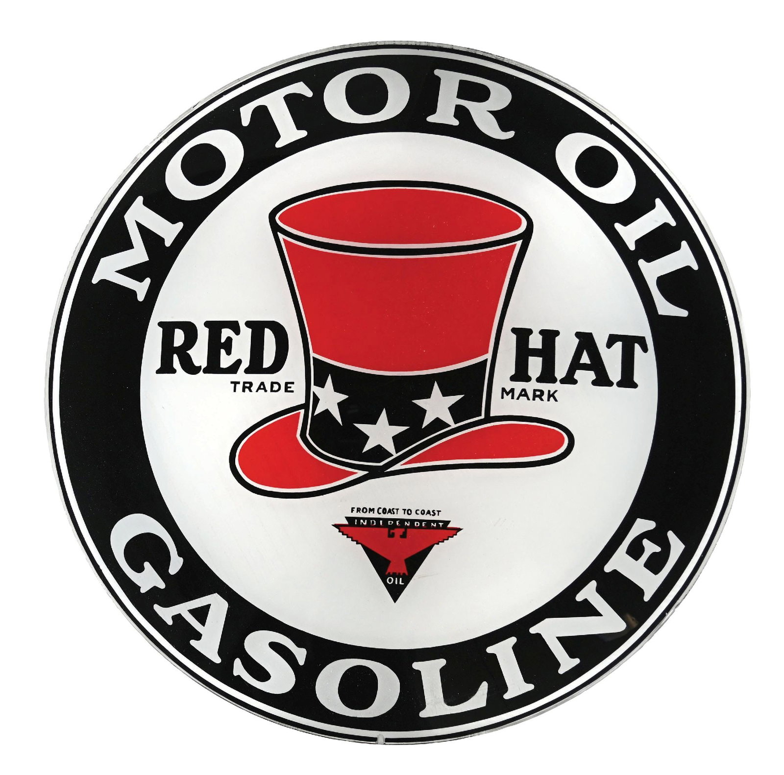 OUTSTANDING RED HAT GASOLINE & MOTOR OIL SINGLE 15" GLOBE LENS: Single 15" Globe Lens. C. 1920s. Independent Oil Men of America, Chicago, Illinois. CONDITION: Excellent color & gloss throughout, most likely NOS, showing outstanding condition graphic at the center.