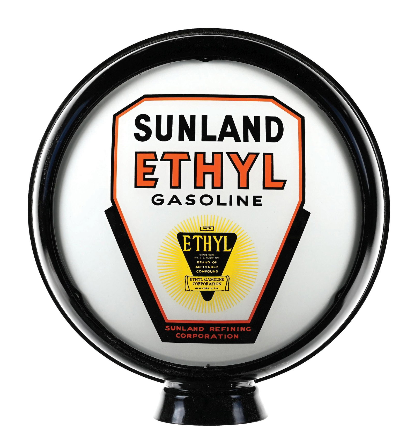SUNLAND ETHYL GASOLINE SINGLE 15" GLOBE LENS ON METAL HIGH PROFILE BODY (1 of 4)